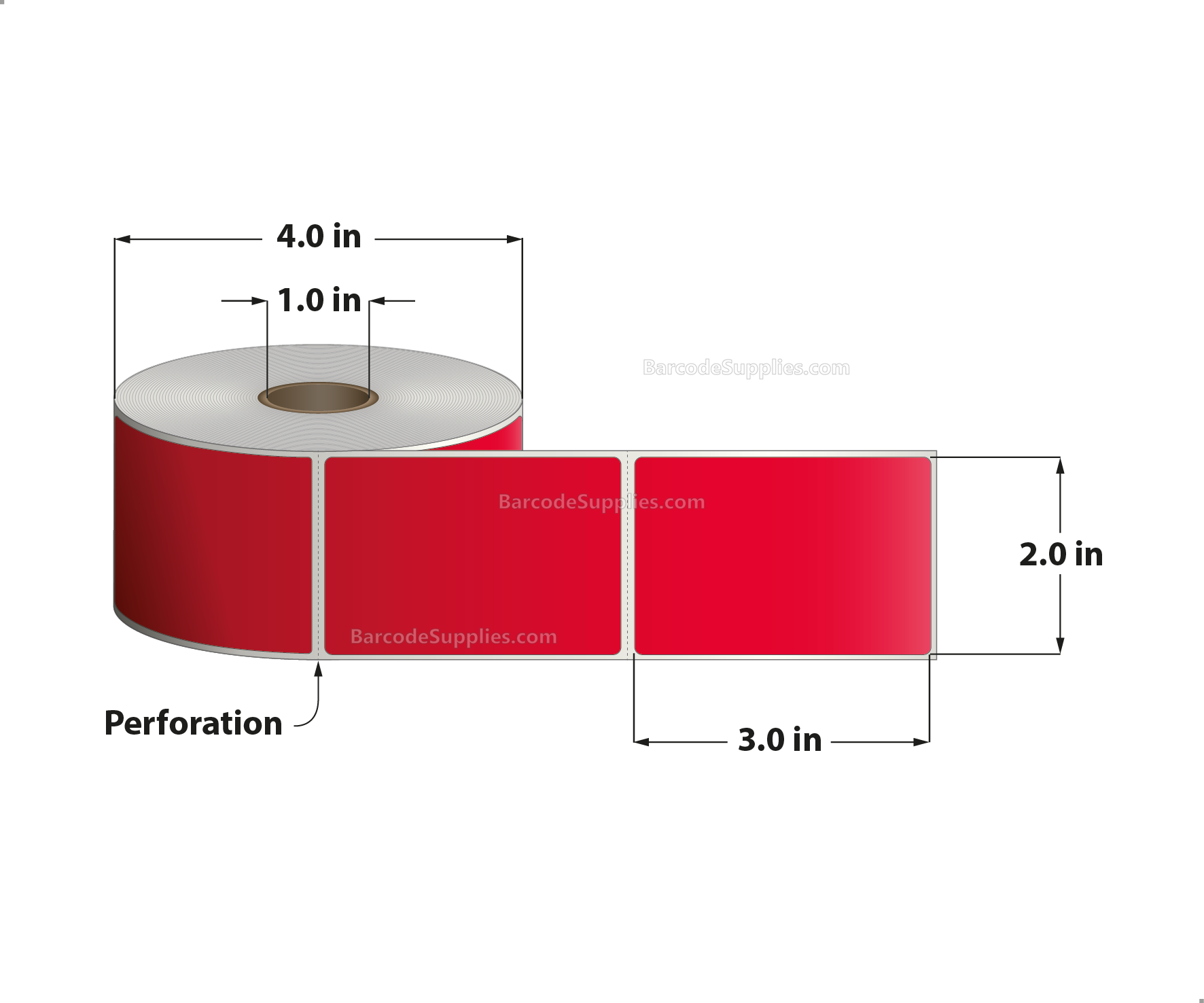 2 x 3 Direct Thermal Red Labels With Acrylic Adhesive - Perforated - 500 Labels Per Roll - Carton Of 12 Rolls - 6000 Labels Total - MPN: RD-2-3-500-RD