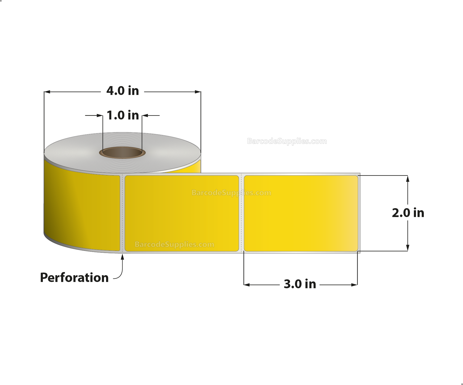 2 x 3 Direct Thermal Yellow Labels With Acrylic Adhesive - Perforated - 500 Labels Per Roll - Carton Of 12 Rolls - 6000 Labels Total - MPN: RD-2-3-500-YL