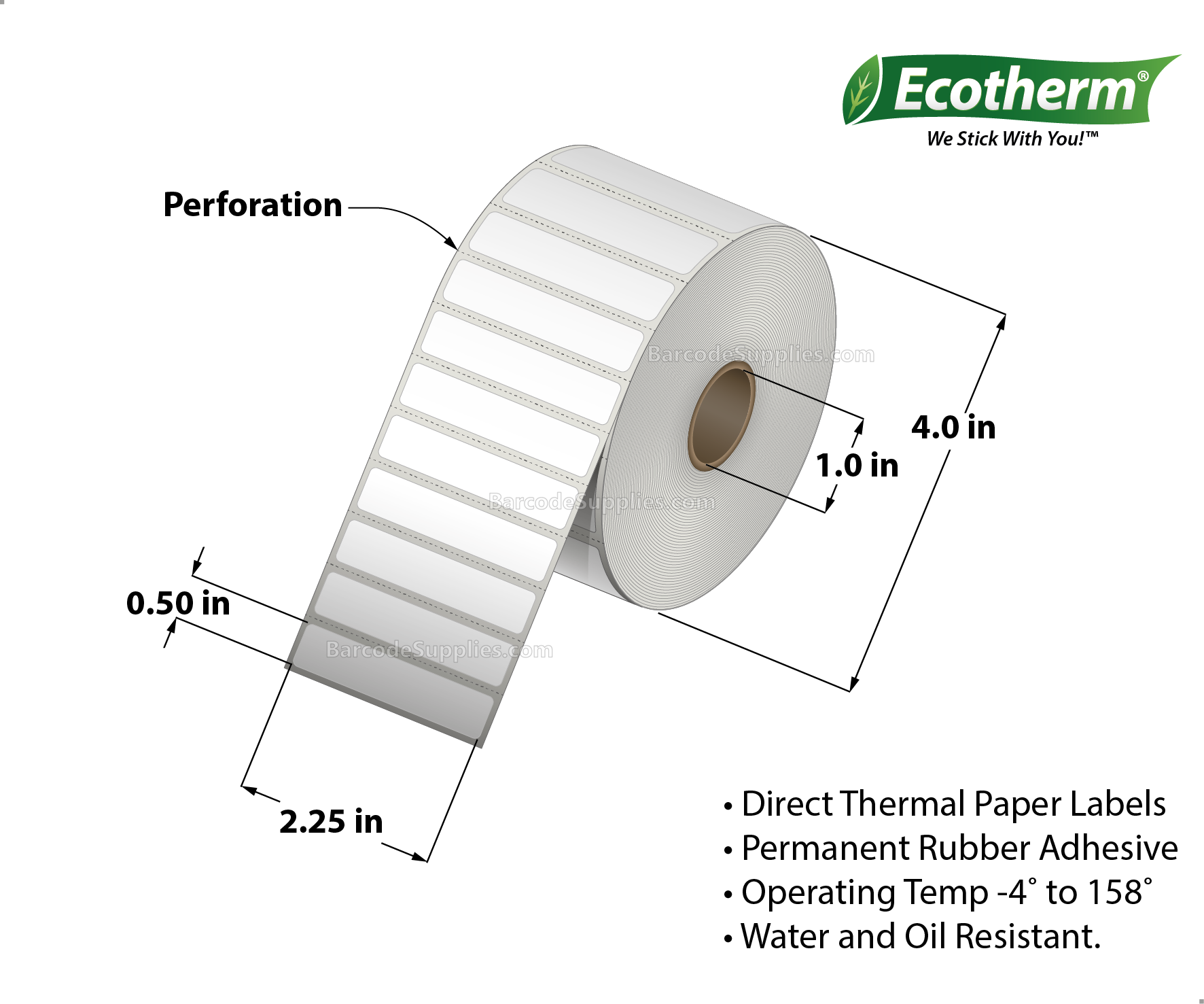 2.25 x 0.5 Direct Thermal White Labels With Rubber Adhesive - Perforated - 3460 Labels Per Roll - Carton Of 4 Rolls - 13840 Labels Total - MPN: ECOTHERM14134-4