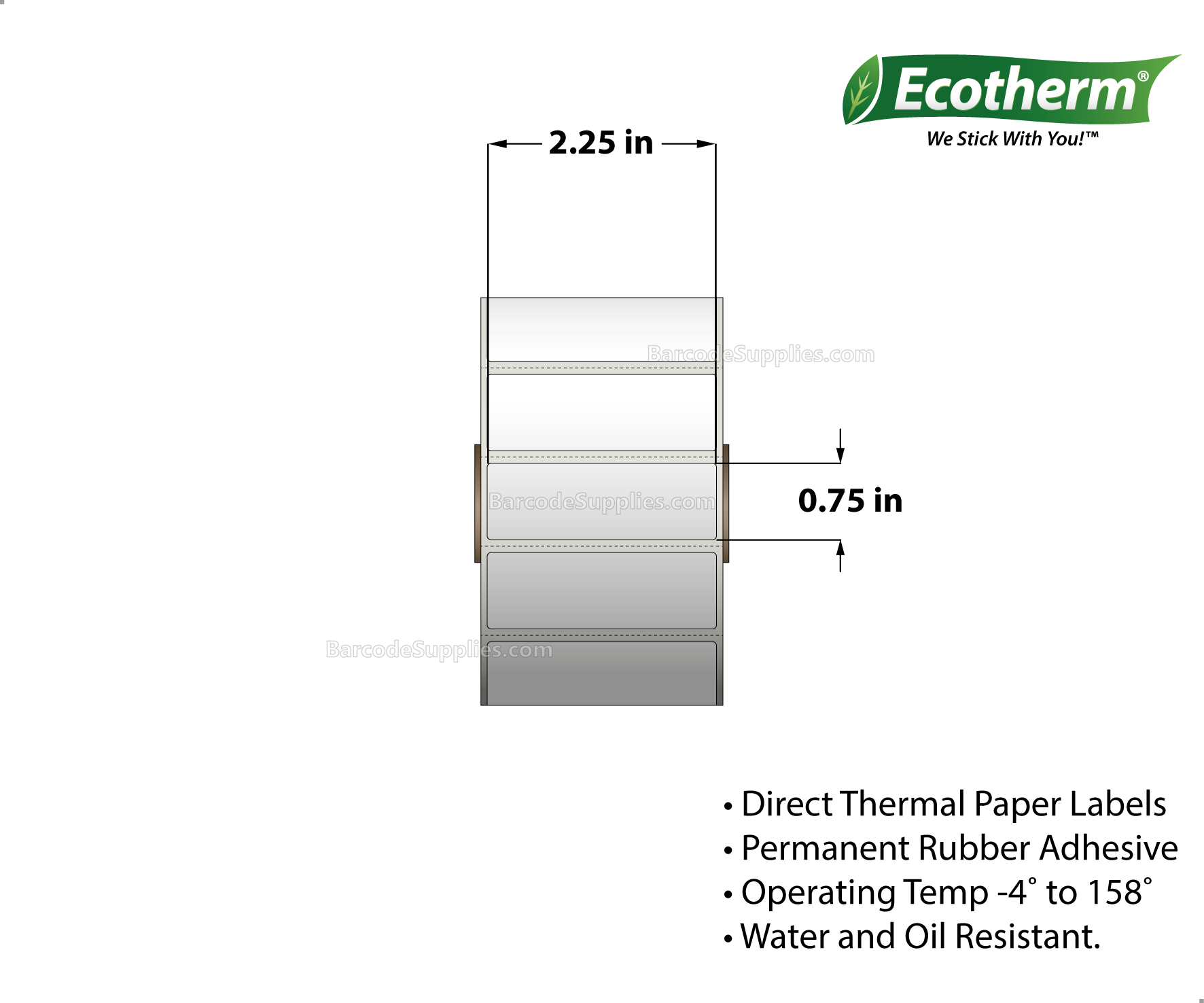 2.25 x 0.75 Direct Thermal White Labels With Rubber Adhesive - Perforated - 1780 Labels Per Roll - Carton Of 4 Rolls - 7120 Labels Total - MPN: ECOTHERM14102-4