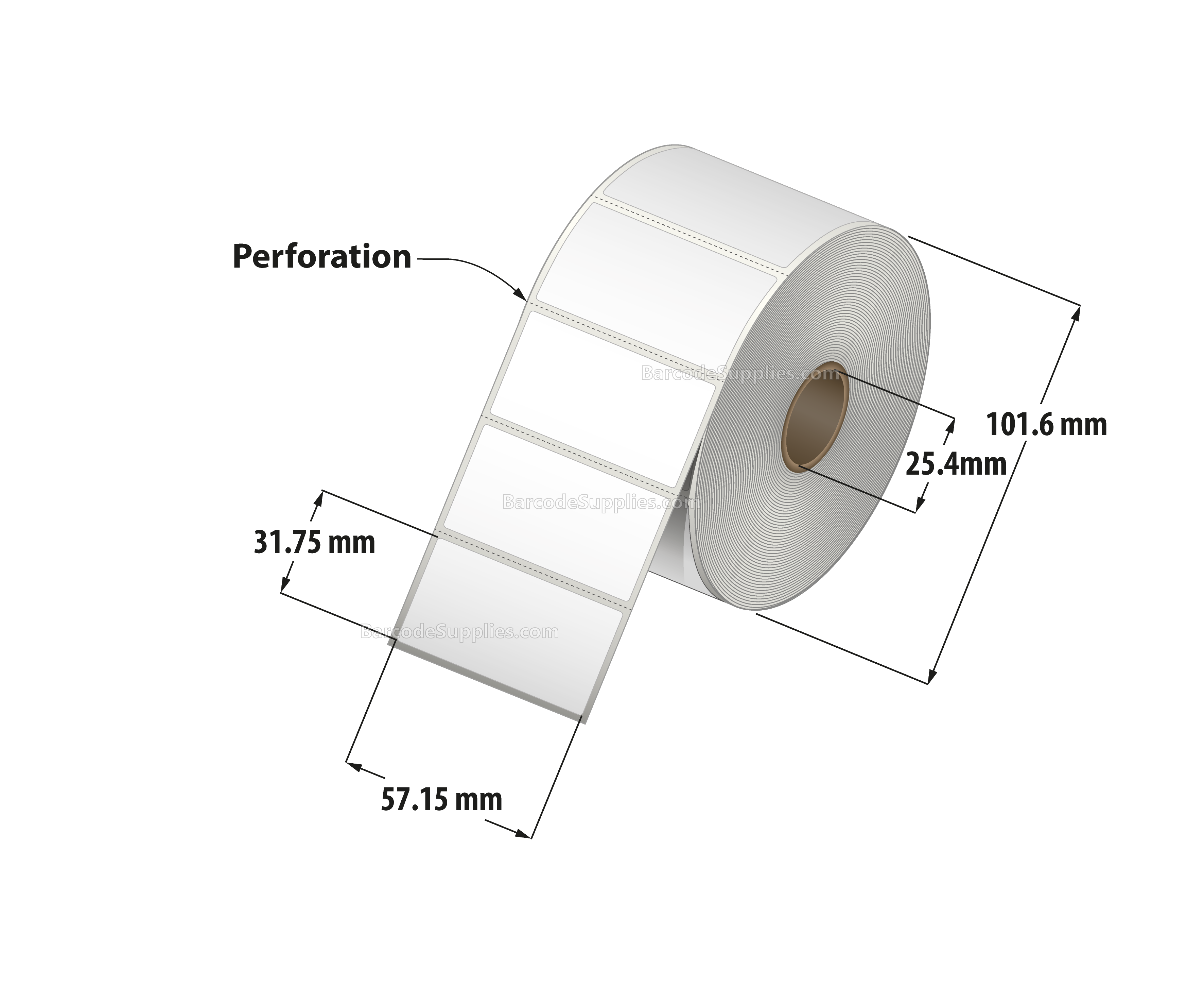 2.25 x 1.25 Direct Thermal White Labels With Acrylic Adhesive - Perforated - 1135 Labels Per Roll - Carton Of 12 Rolls - 13620 Labels Total - MPN: RDE-225-125-1135-1 - BarcodeSource, Inc.