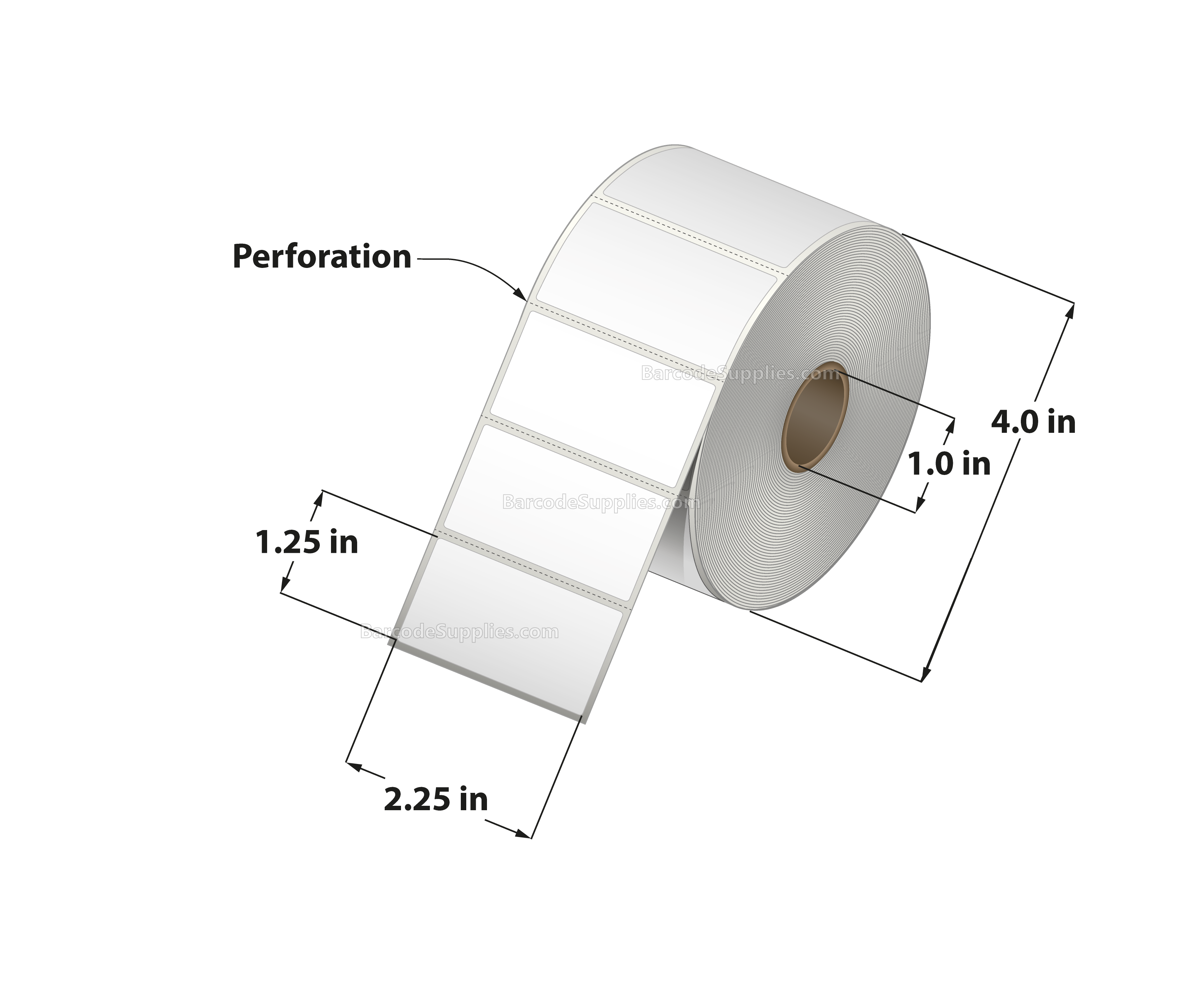 2.25 x 1.25 Thermal Transfer White Labels With Permanent Adhesive - Perforated - 1135 Labels Per Roll - Carton Of 12 Rolls - 13620 Labels Total - MPN: RT-225-125-1135-1 - BarcodeSource, Inc.