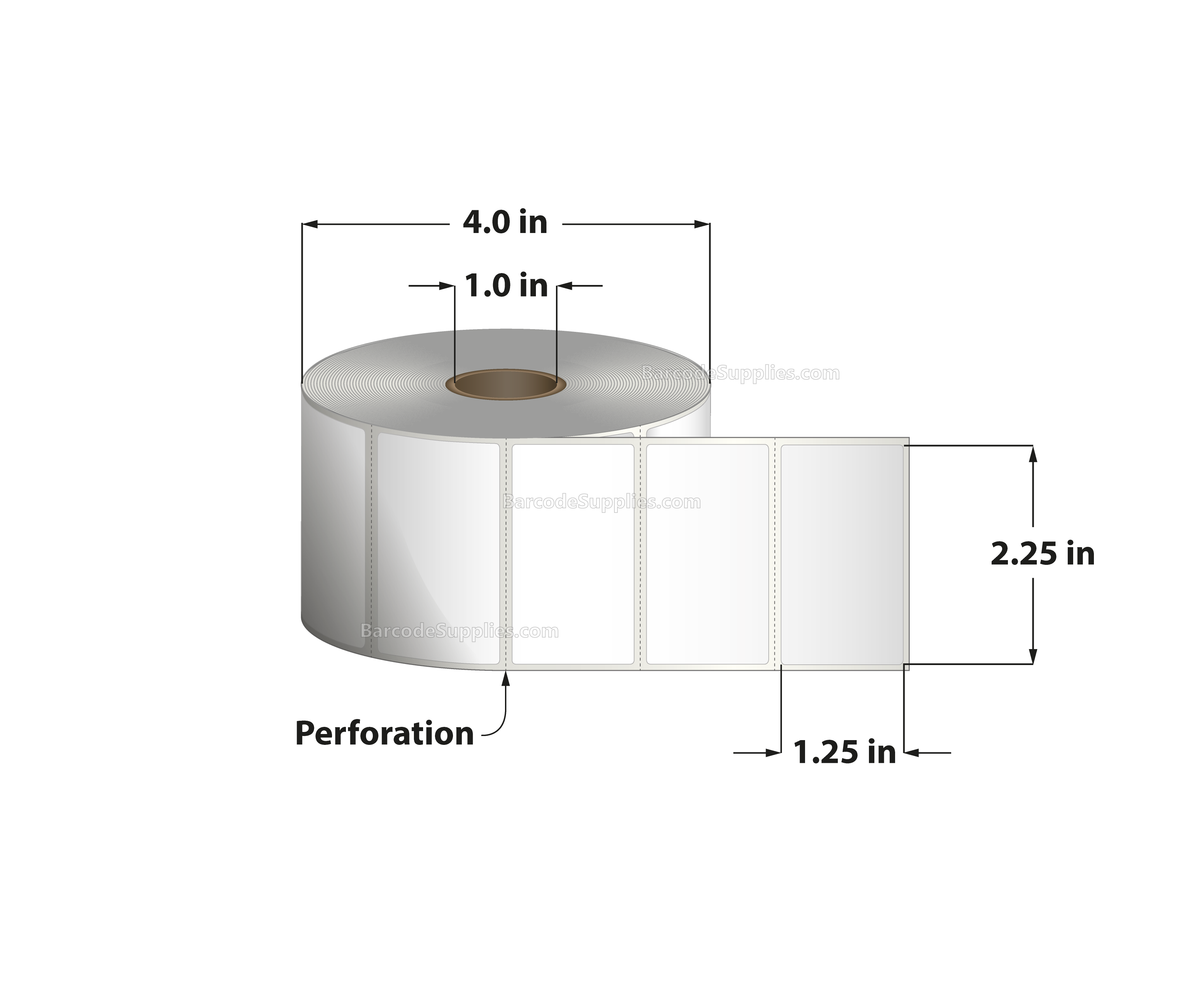 2.25 x 1.25 Thermal Transfer White Labels With Removable Adhesive - Perforated - 1135 Labels Per Roll - Carton Of 12 Rolls - 13620 Labels Total - MPN: RE-225-125-1135-1 - BarcodeSource, Inc.