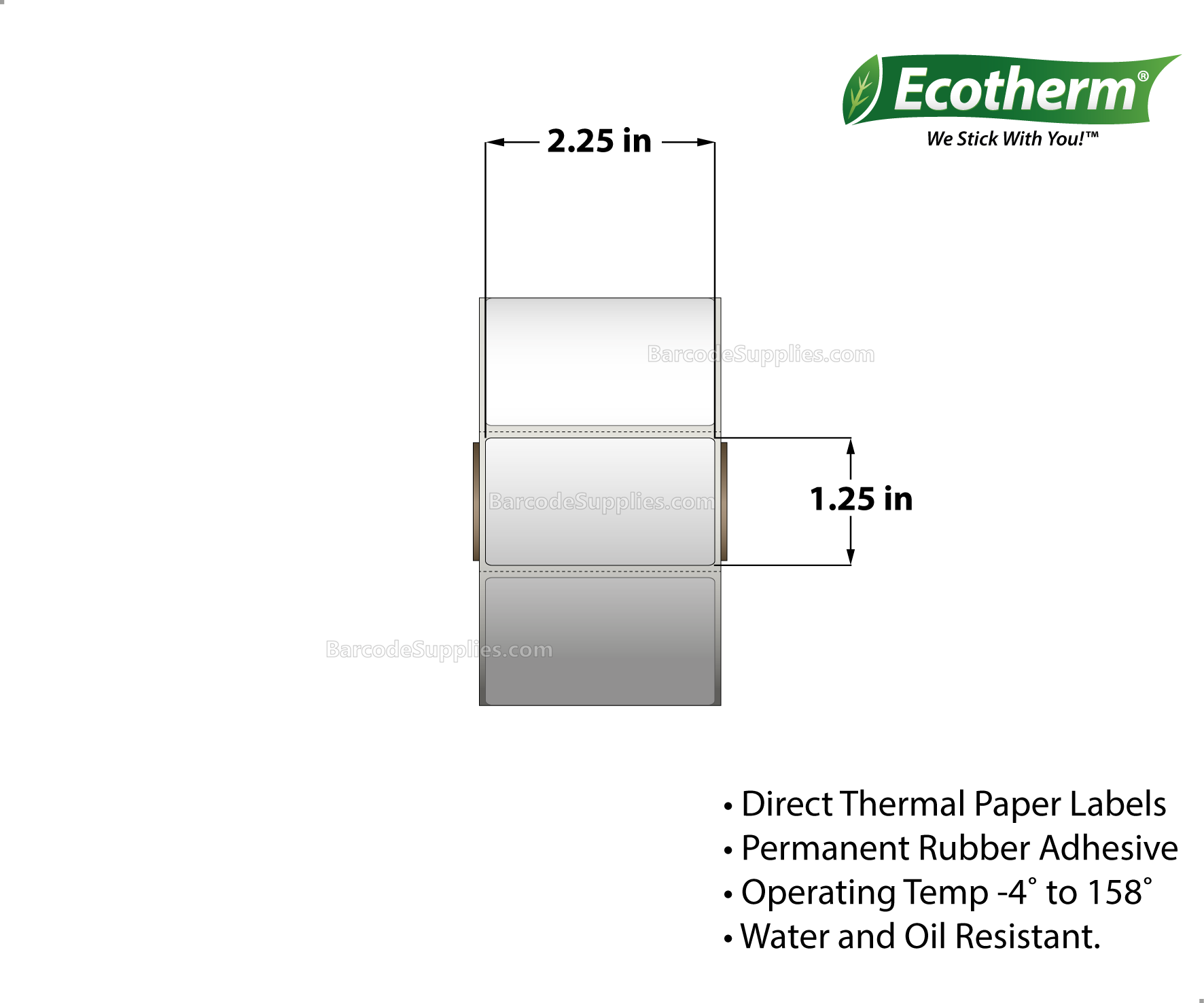 2.25 x 1.25 Direct Thermal White Labels With Rubber Adhesive - Perforated - 1135 Labels Per Roll - Carton Of 4 Rolls - 4540 Labels Total - MPN: ECOTHERM14103-4