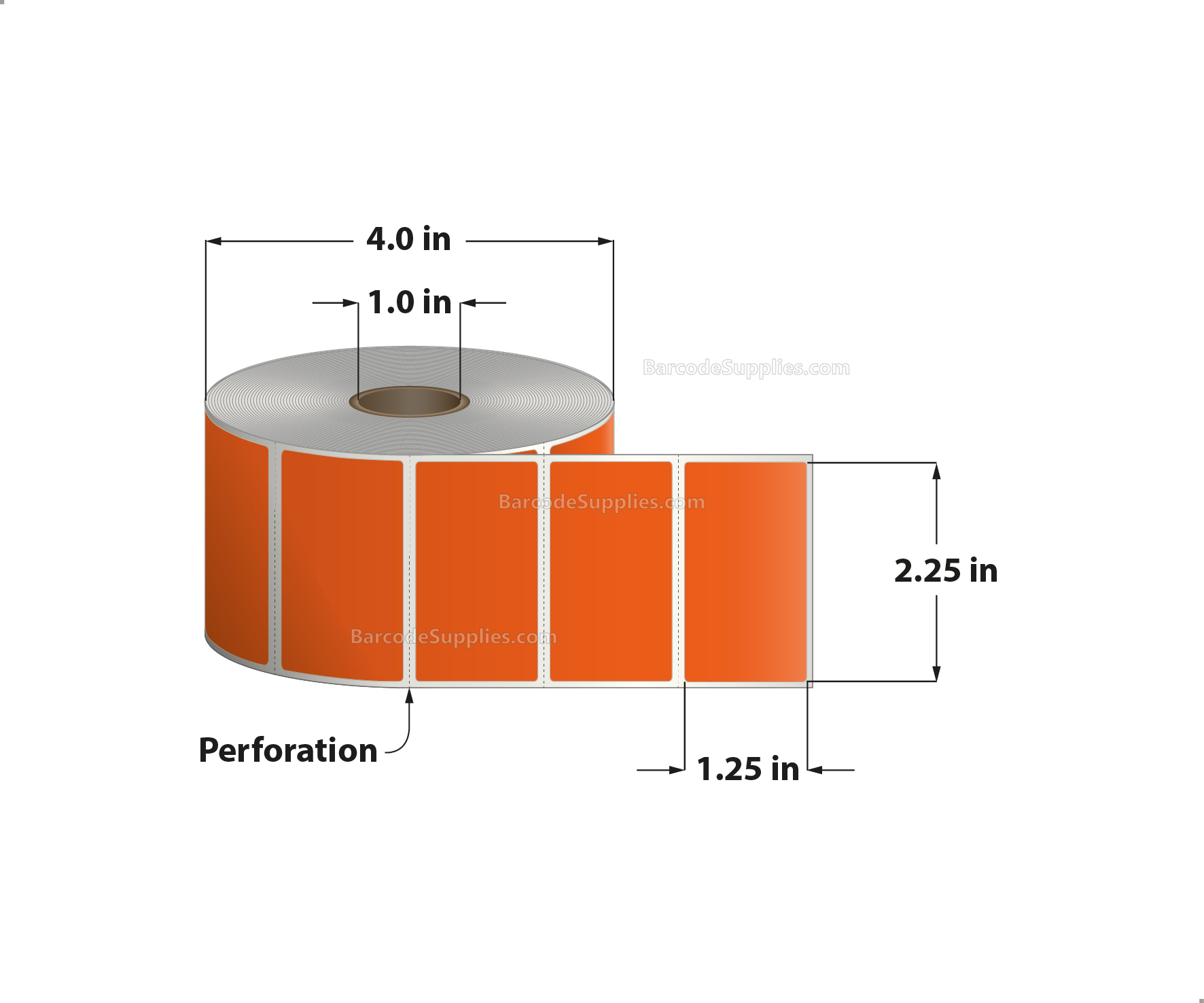 2.25 x 1.25 Direct Thermal Orange Labels With Acrylic Adhesive - Perforated - 1135 Labels Per Roll - Carton Of 12 Rolls - 13620 Labels Total - MPN: RD-225-125-1135-OR