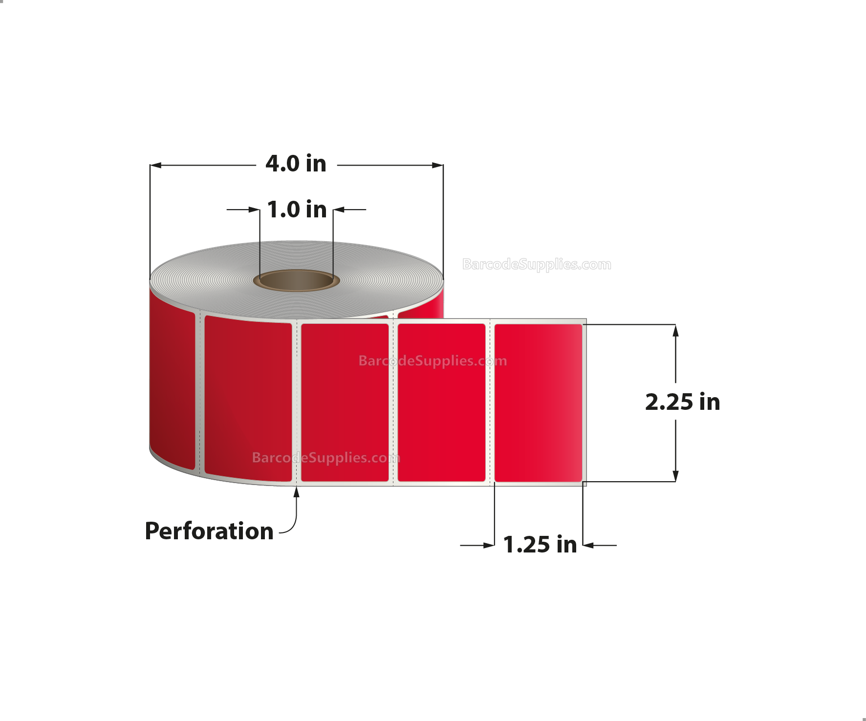 2.25 x 1.25 Direct Thermal Red Labels With Acrylic Adhesive - Perforated - 1135 Labels Per Roll - Carton Of 12 Rolls - 13620 Labels Total - MPN: RD-225-125-1135-RD