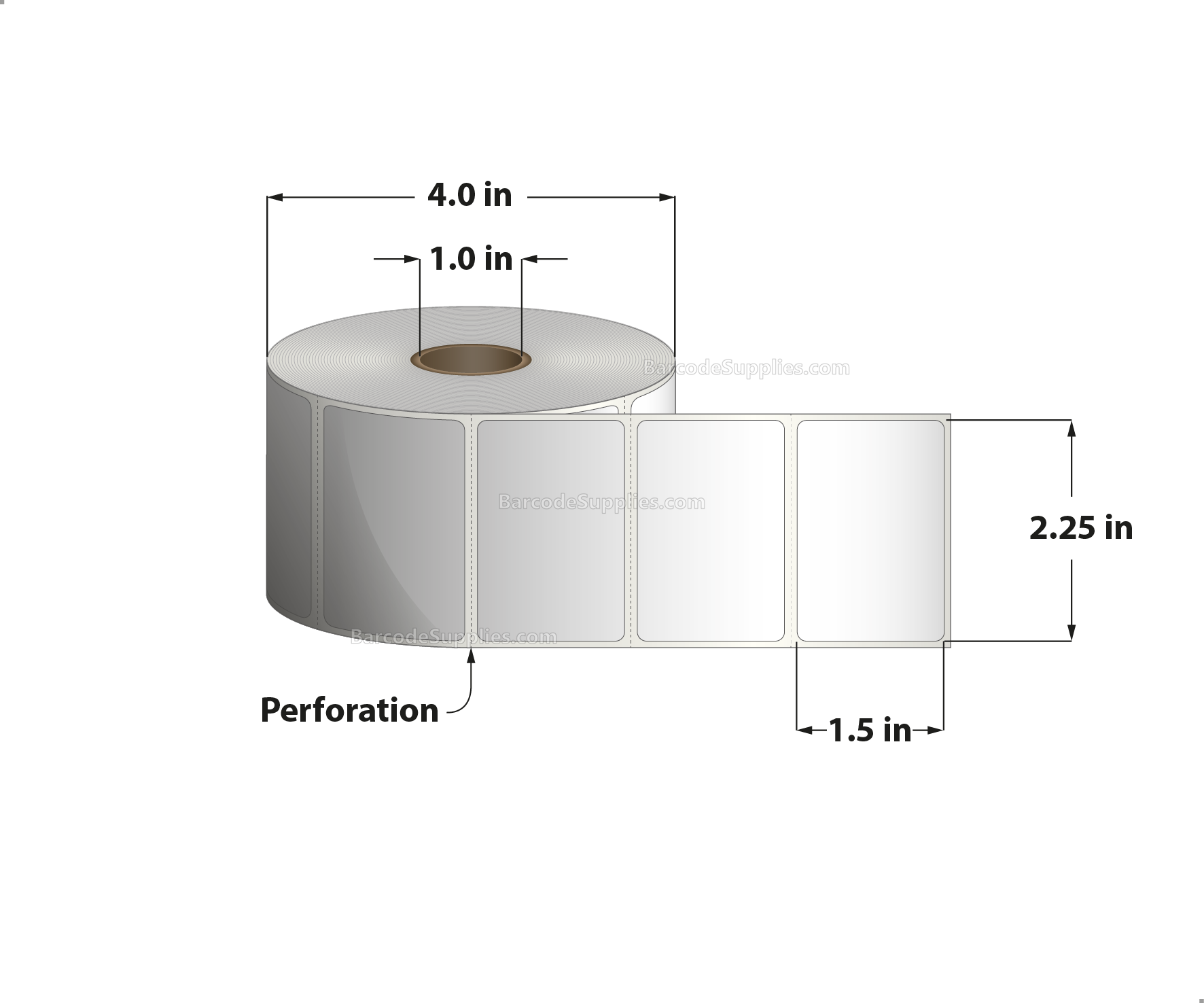 2.25 x 1.5 Thermal Transfer White Labels With Rubber Adhesive - Perforated - 960 Labels Per Roll - Carton Of 12 Rolls - 11520 Labels Total - MPN: RTT4-225150-1P