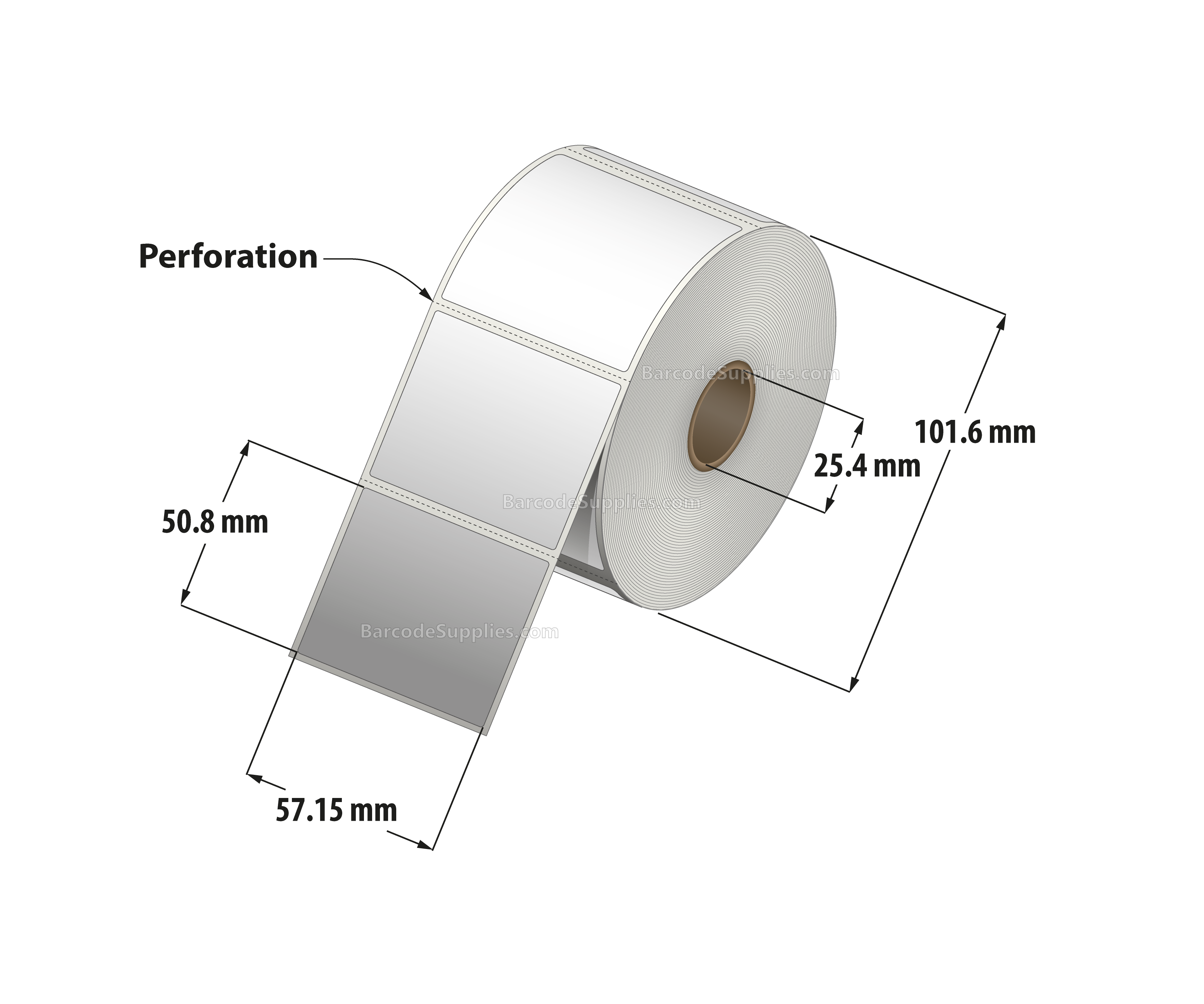 2.25 x 2 Thermal Transfer White Labels With Permanent Adhesive - Perforated - 735 Labels Per Roll - Carton Of 12 Rolls - 8820 Labels Total - MPN: RT-225-2-735-1 - BarcodeSource, Inc.