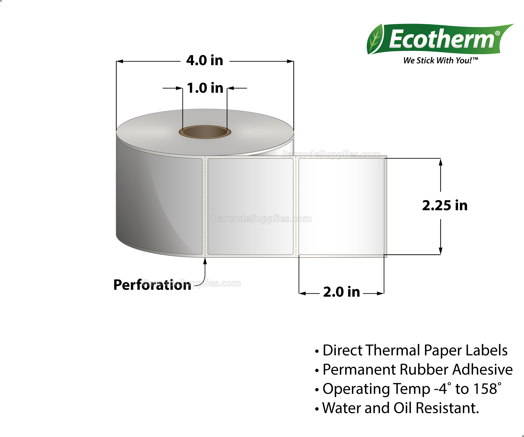 2.25 x 2 Direct Thermal White Labels With Rubber Adhesive - Perforated - 735 Labels Per Roll - Carton Of 4 Rolls - 2940 Labels Total - MPN: ECOTHERM14104-4