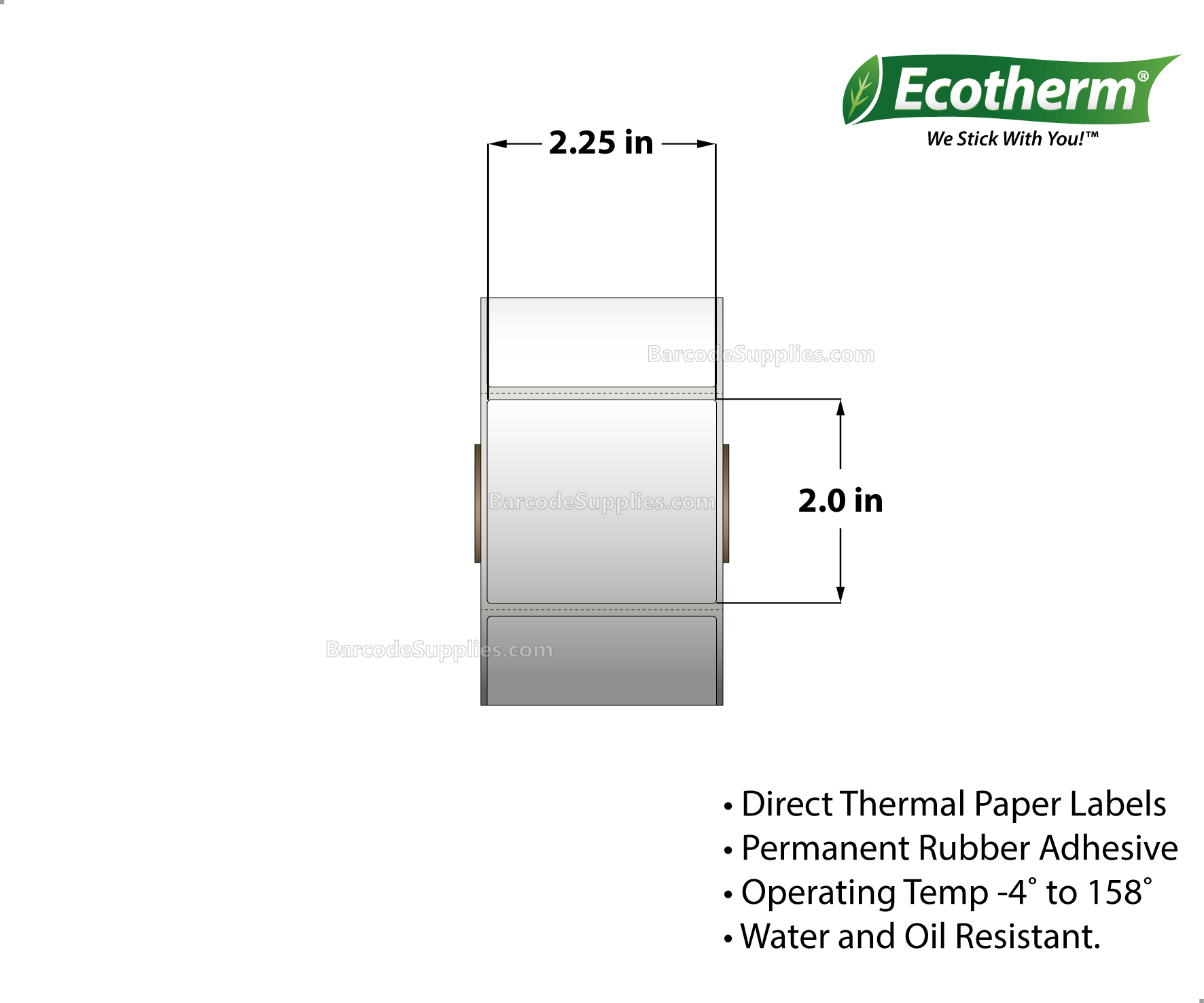 2.25 x 2 Direct Thermal White Labels With Rubber Adhesive - Perforated - 735 Labels Per Roll - Carton Of 4 Rolls - 2940 Labels Total - MPN: ECOTHERM14104-4