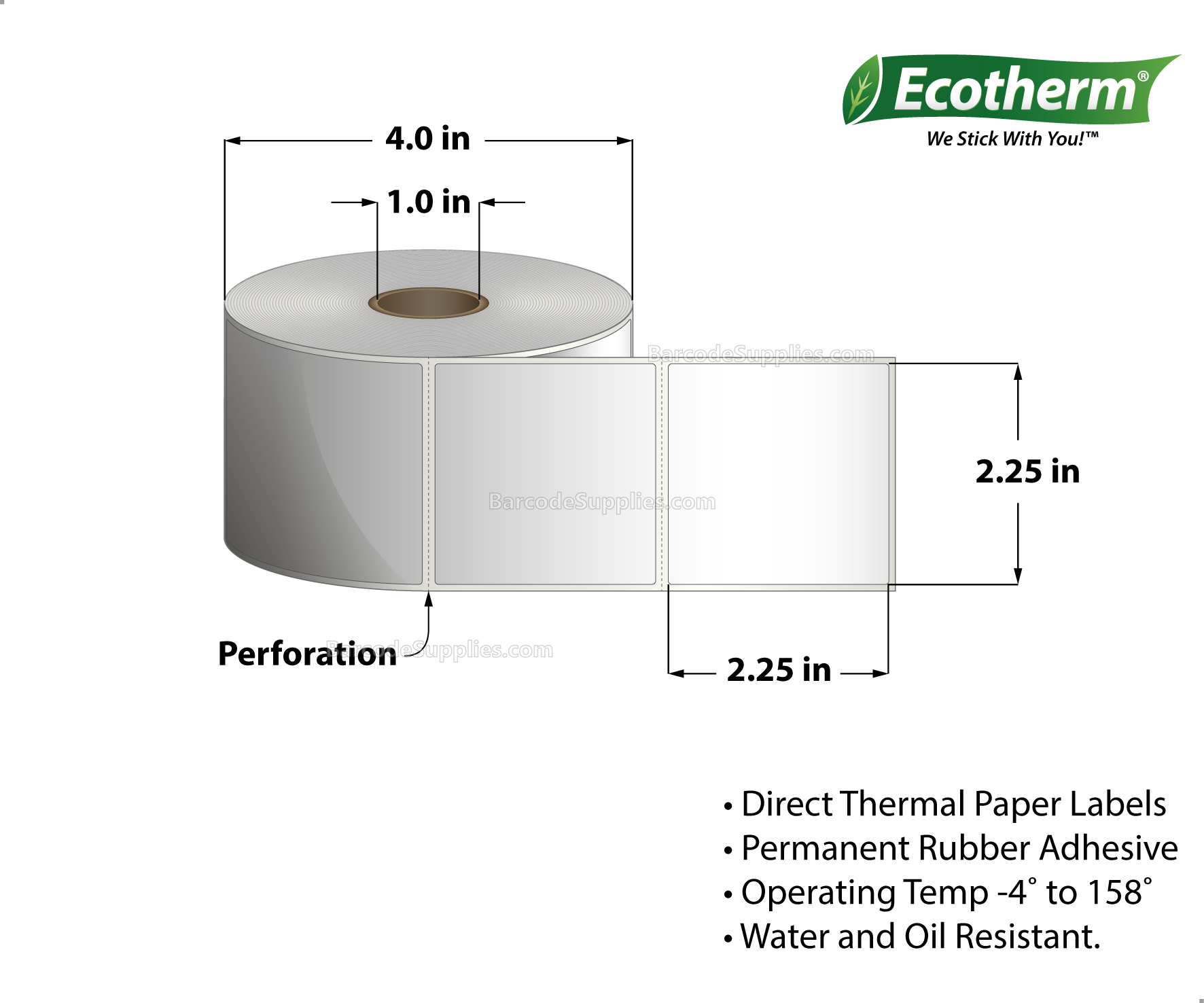 2.25x2.25 Direct Thermal White Labels With Rubber Adhesive - Perforated - 700 Labels Per Roll - Carton Of 4 Rolls - 2800 Labels Total - MPN: ECOTHERM14137-4
