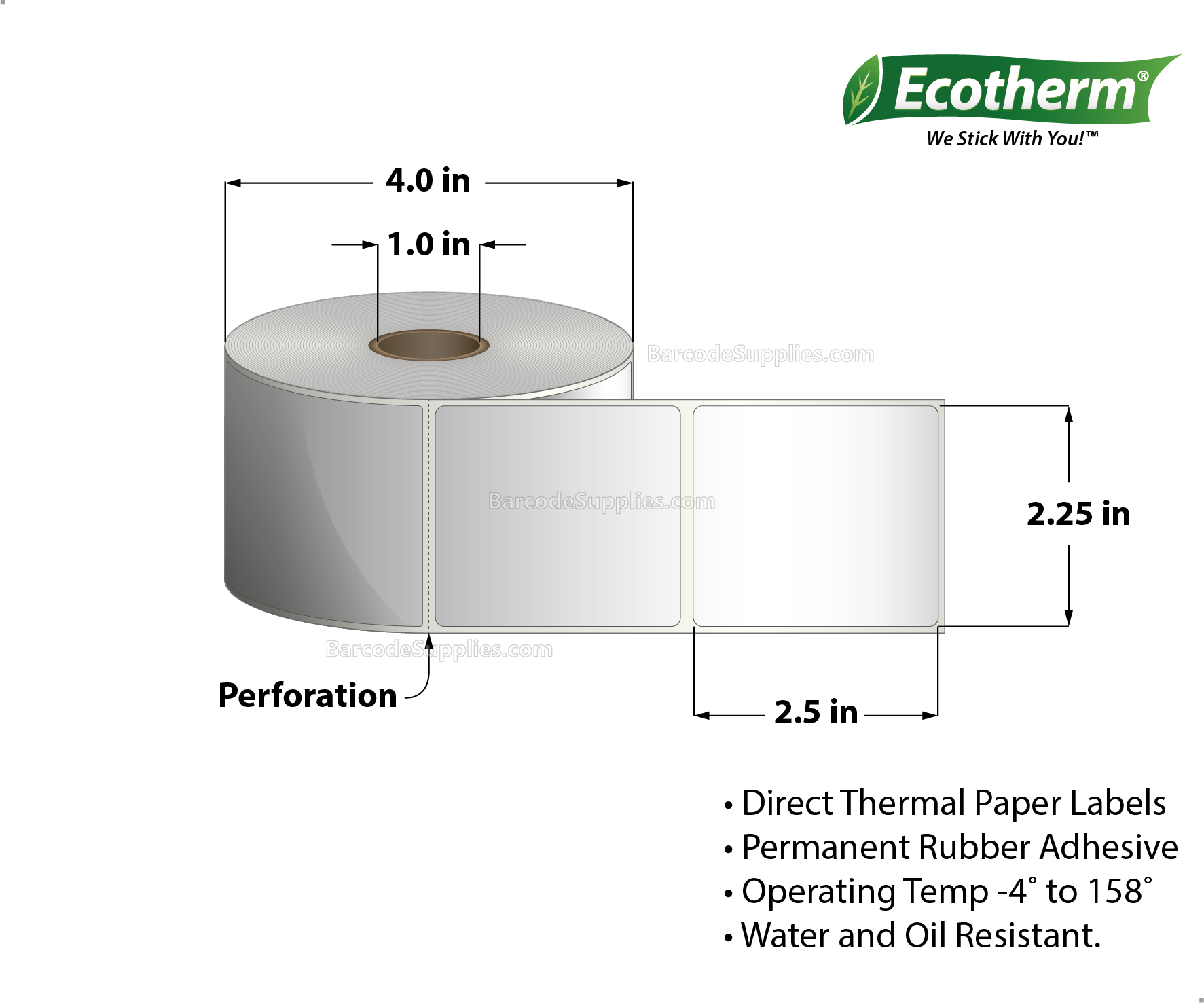 Products 2.25 x 2.5 Direct Thermal White Labels With Rubber Adhesive - Perforated - 600 Labels Per Roll - Carton Of 4 Rolls - 2400 Labels Total - MPN: ECOTHERM14135-4