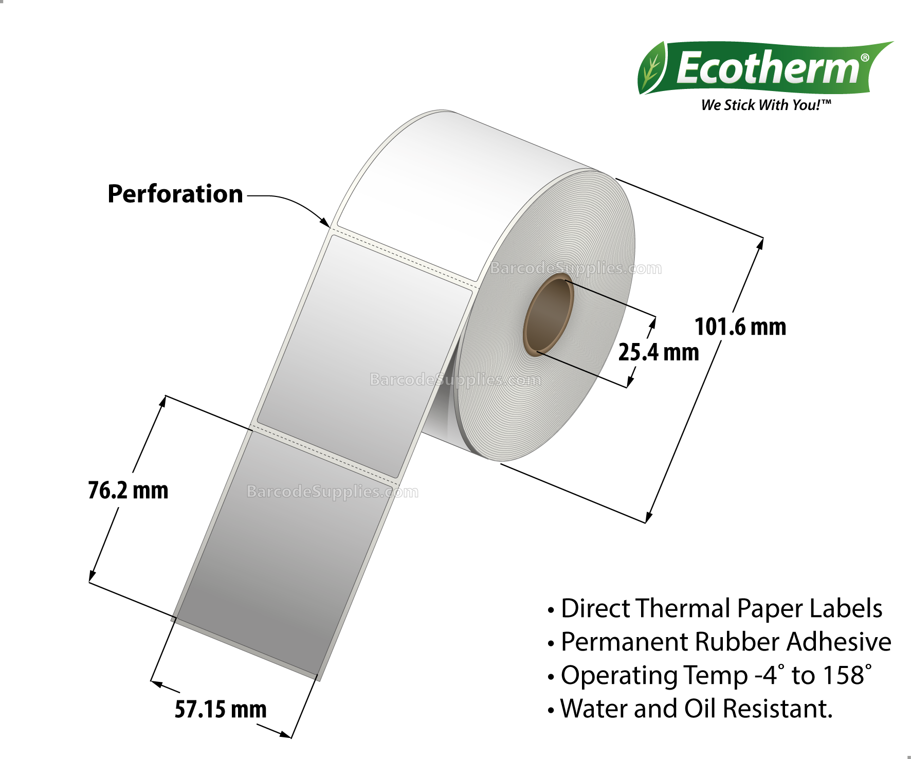 2.25 x 3 Direct Thermal White Labels With Rubber Adhesive - Perforated - 525 Labels Per Roll - Carton Of 4 Rolls - 2100 Labels Total - MPN: ECOTHERM14121-4