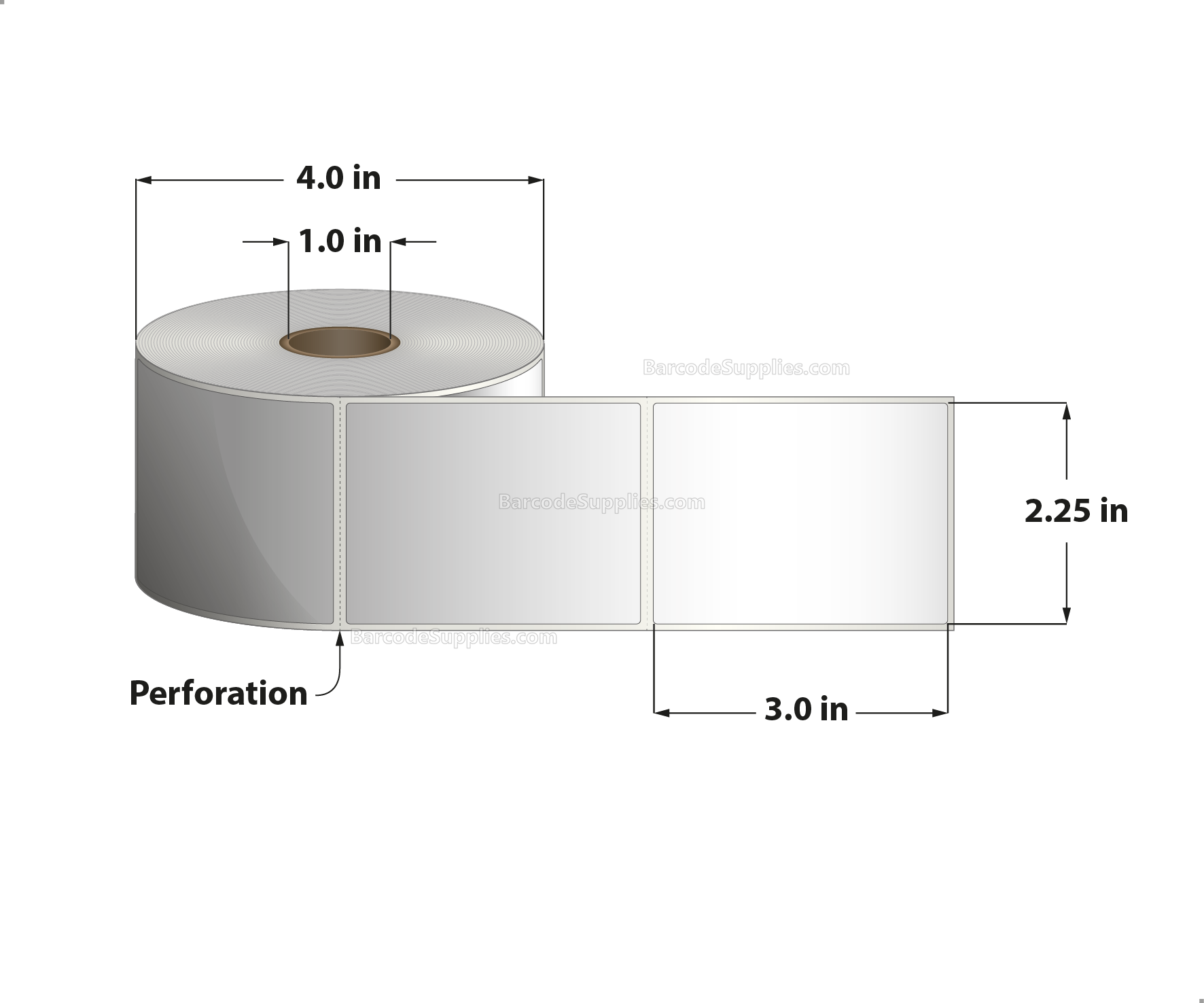2.25 x 3 Thermal Transfer White Labels With Rubber Adhesive - Perforated - 500 Labels Per Roll - Carton Of 12 Rolls - 6000 Labels Total - MPN: RTT4-225300-1P