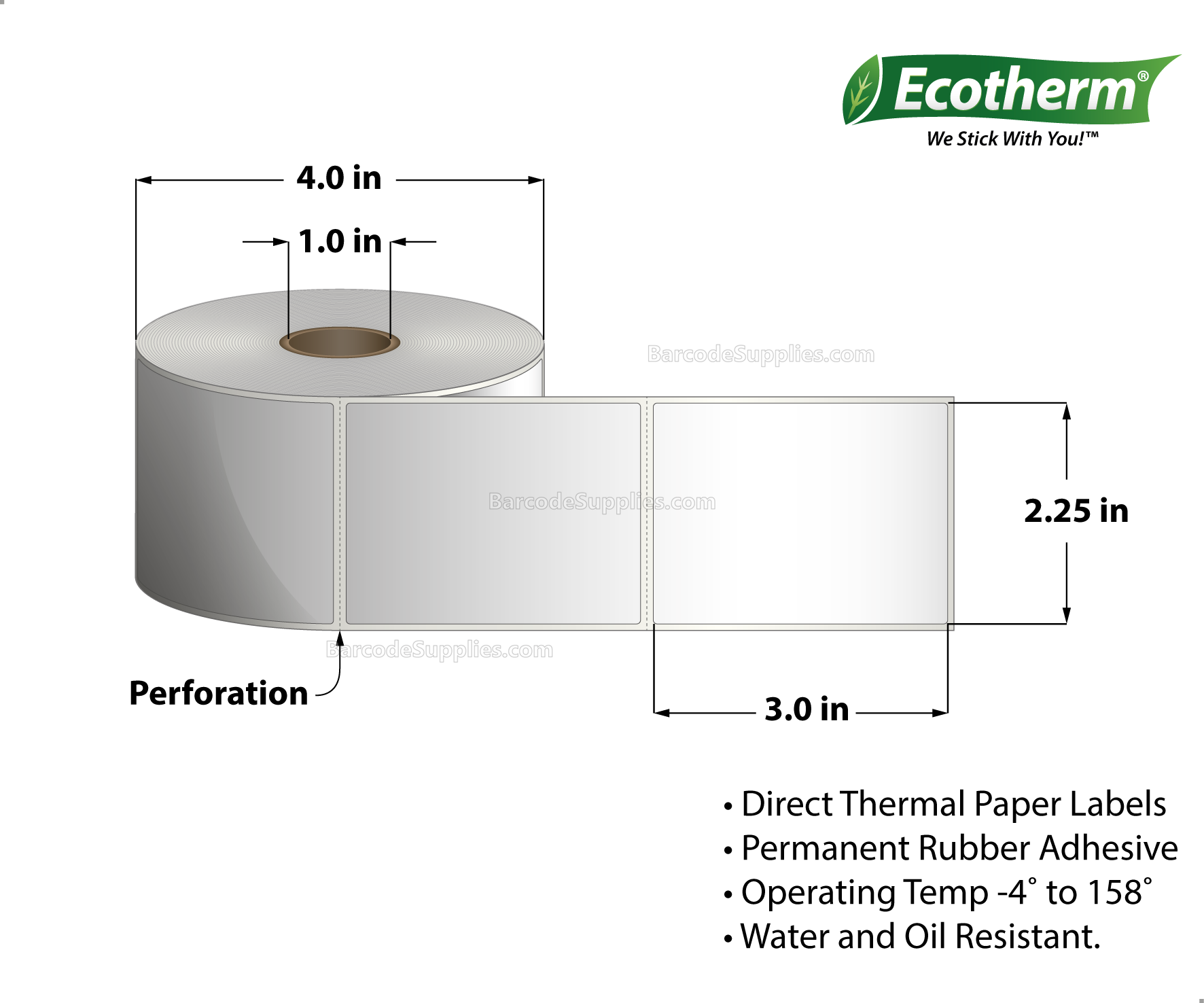 2.25 x 3 Direct Thermal White Labels With Rubber Adhesive - Perforated - 525 Labels Per Roll - Carton Of 4 Rolls - 2100 Labels Total - MPN: ECOTHERM14121-4