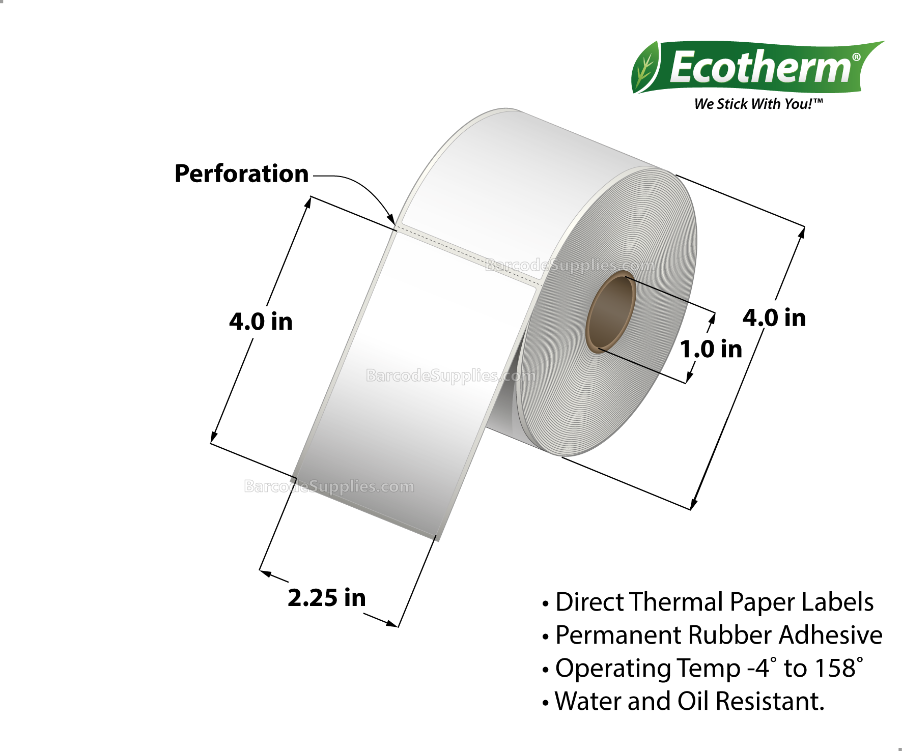 2.25 x 4 Direct Thermal White Labels With Rubber Adhesive - Perforated - 360 Labels Per Roll - Carton Of 4 Rolls - 1440 Labels Total - MPN: ECOTHERM14122-4