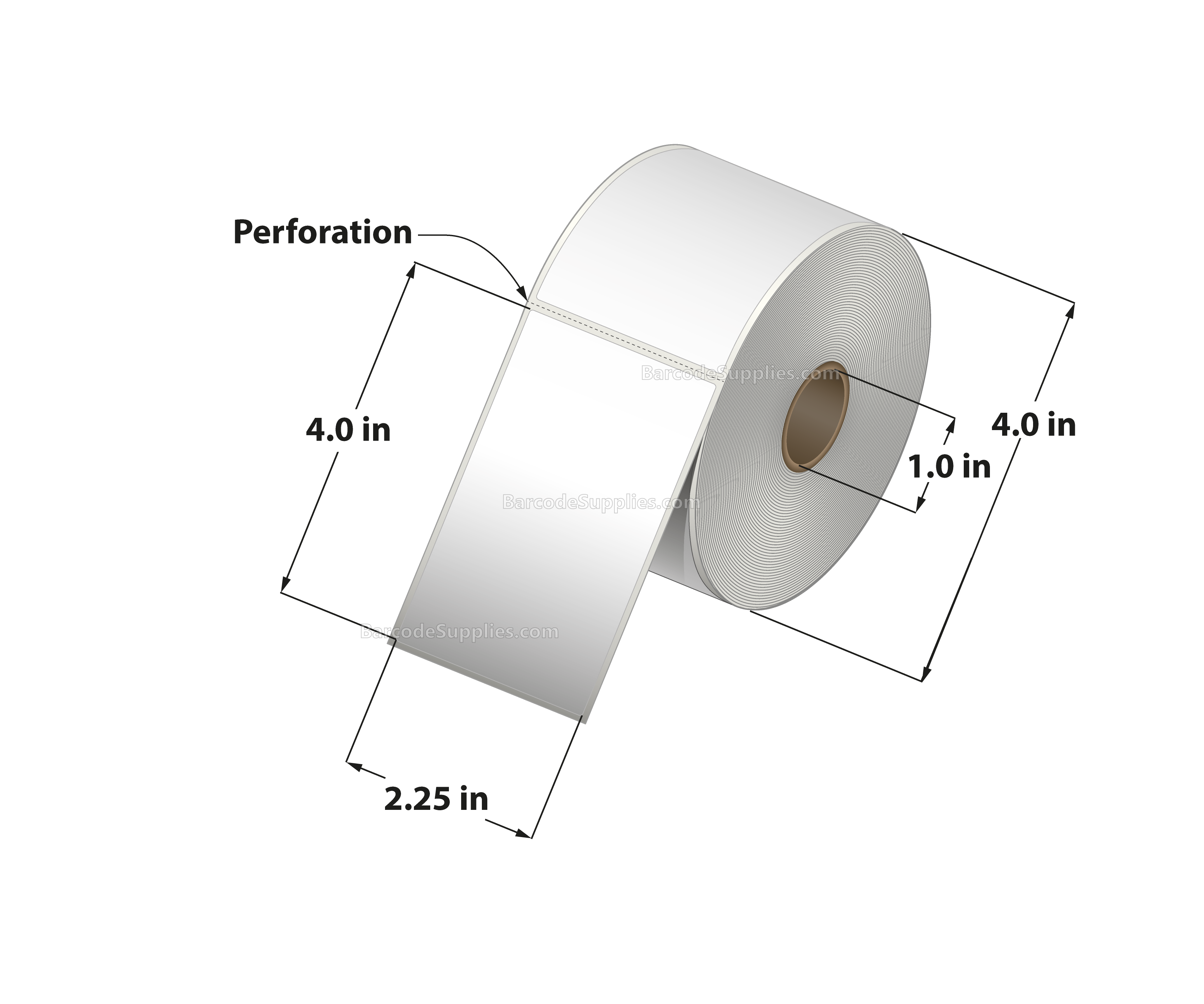 2.25 x 4 Direct Thermal White Labels With Acrylic Adhesive - Perforated - 440 Labels Per Roll - Carton Of 12 Rolls - 5280 Labels Total - MPN: RD-225-4-440-1 - BarcodeSource, Inc.