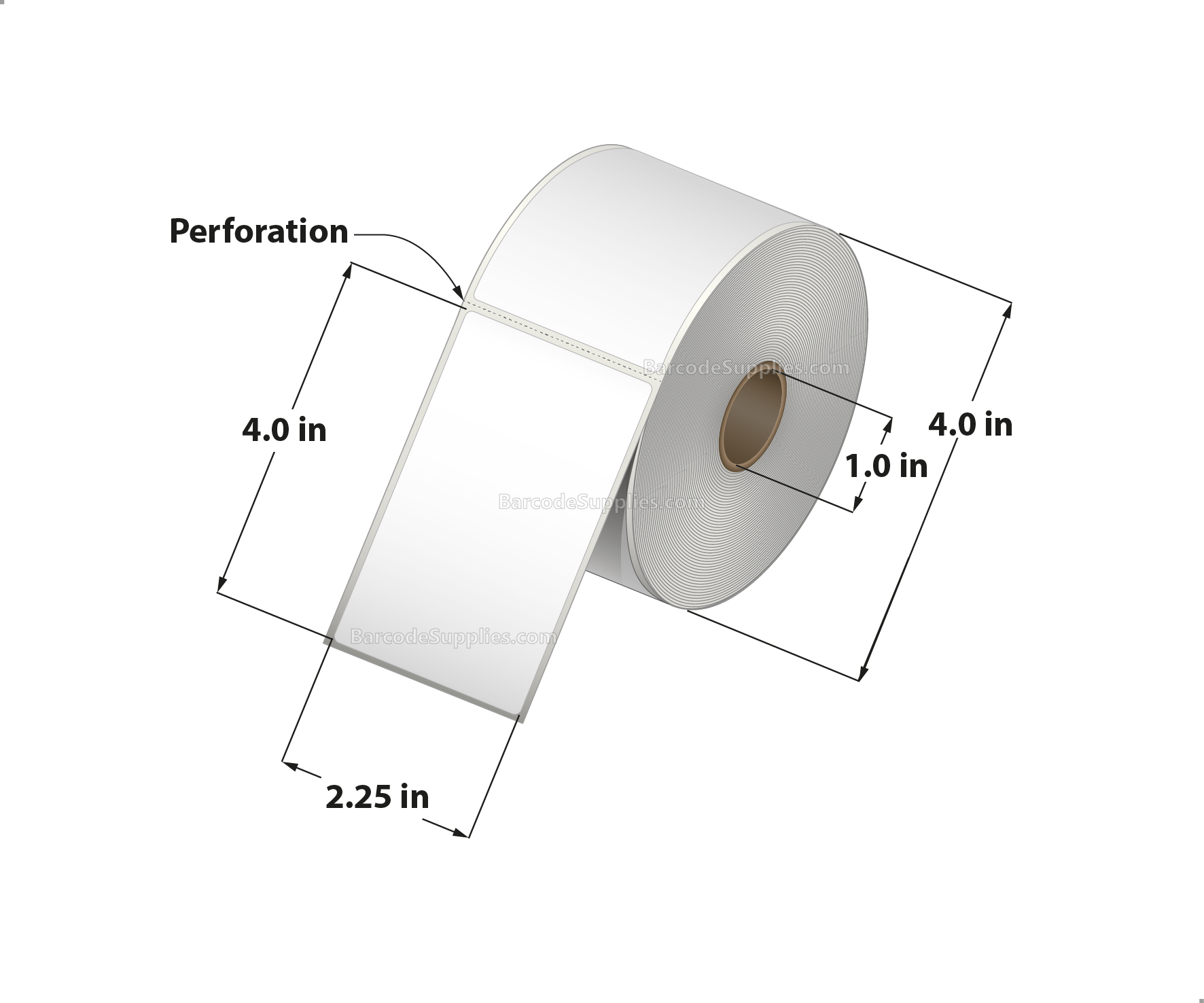 2.25 x 4 Thermal Transfer White Labels With Rubber Adhesive - Perforated - 380 Labels Per Roll - Carton Of 12 Rolls - 4560 Labels Total - MPN: RTT4-225400-1P
