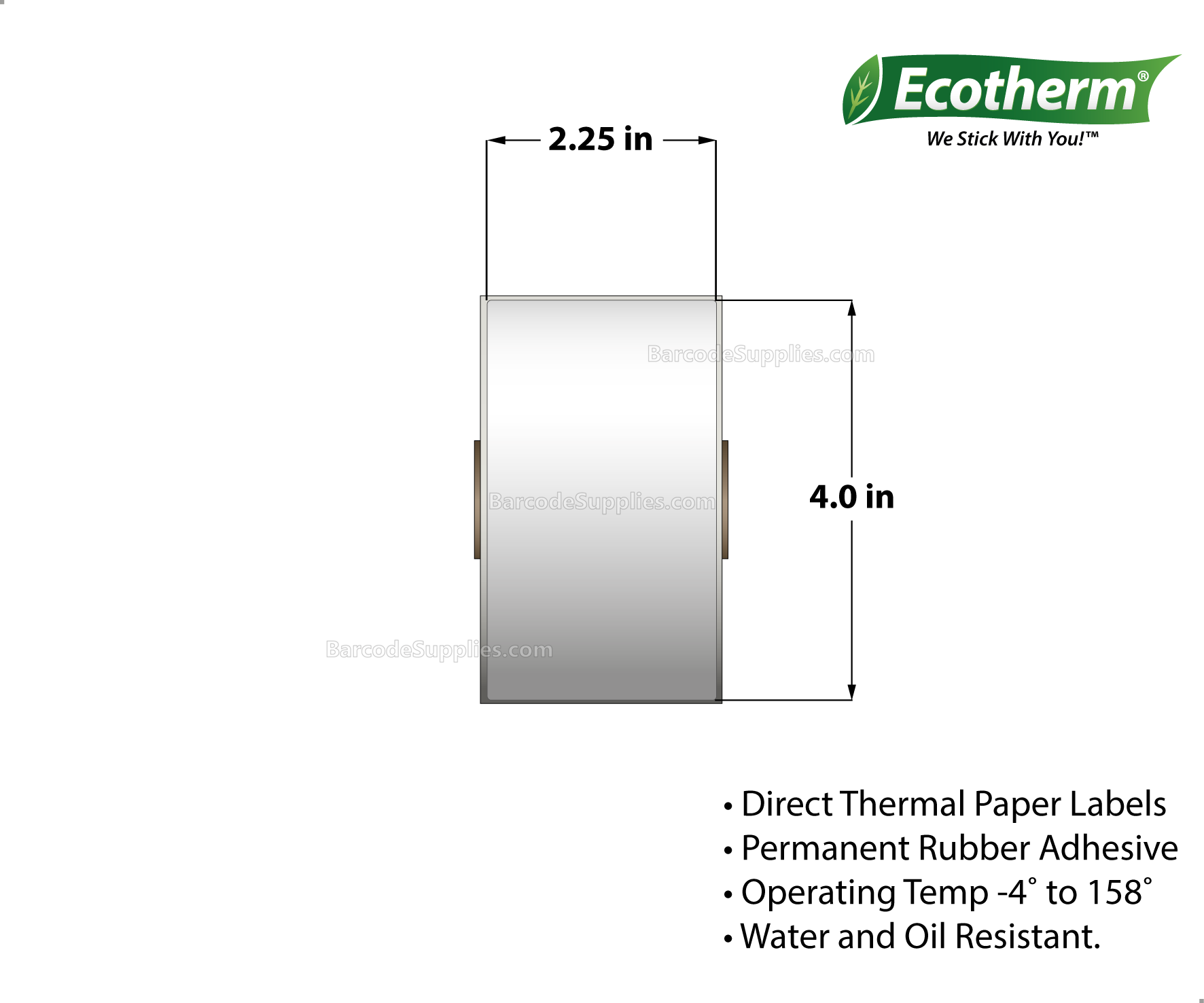 2.25 x 4 Direct Thermal White Labels With Rubber Adhesive - Perforated - 360 Labels Per Roll - Carton Of 4 Rolls - 1440 Labels Total - MPN: ECOTHERM14122-4