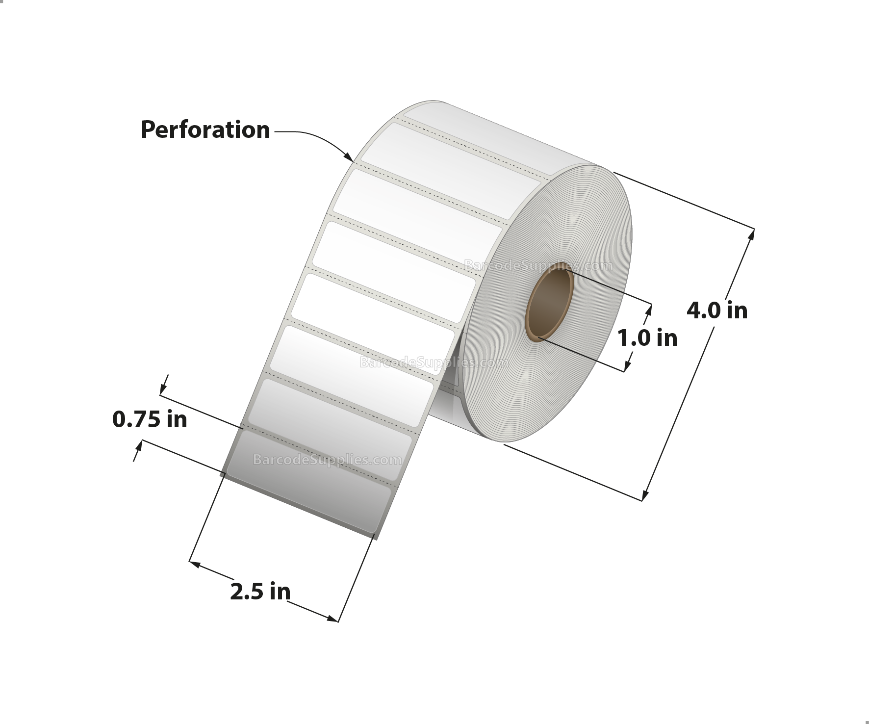 2.5 x 0.75 Direct Thermal White Labels With Acrylic Adhesive - Perforated - 1750 Labels Per Roll - Carton Of 12 Rolls - 21000 Labels Total - MPN: RD-25-075-1750-1