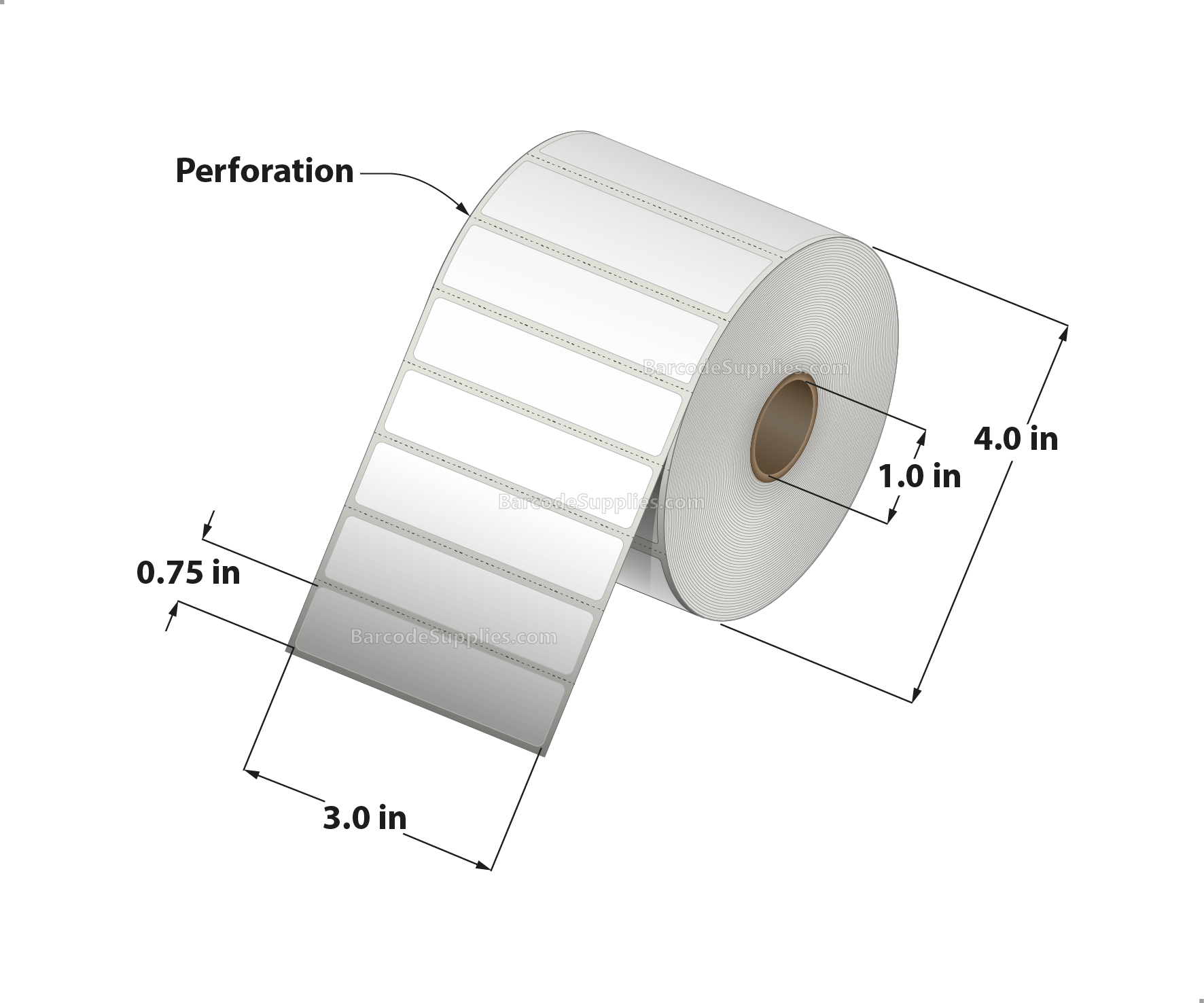 3 x 0.75 Direct Thermal White Labels With Acrylic Adhesive - Perforated - 1750 Labels Per Roll - Carton Of 12 Rolls - 21000 Labels Total - MPN: RD-3-075-1750-1