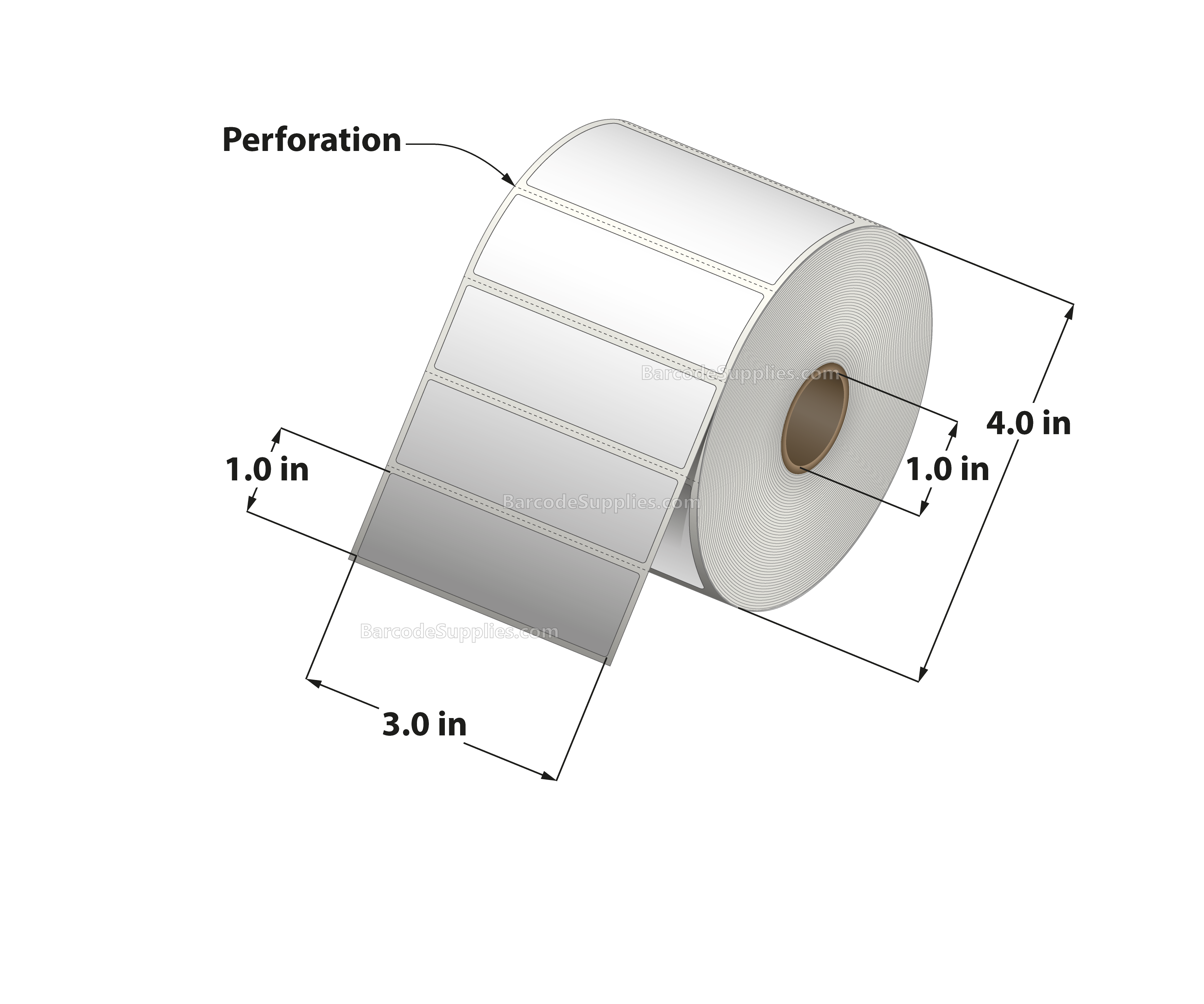 3 x 1 Direct Thermal White Labels With Acrylic Adhesive - Perforated - 1375 Labels Per Roll - Carton Of 12 Rolls - 16500 Labels Total - MPN: RDE-3-1-1375-1 - BarcodeSource, Inc.