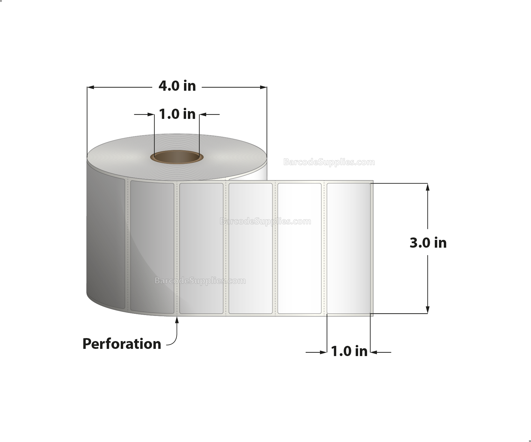 3 x 1 Thermal Transfer White Labels With Rubber Adhesive - Perforated - 1310 Labels Per Roll - Carton Of 12 Rolls - 15720 Labels Total - MPN: RTT4-300100-1P