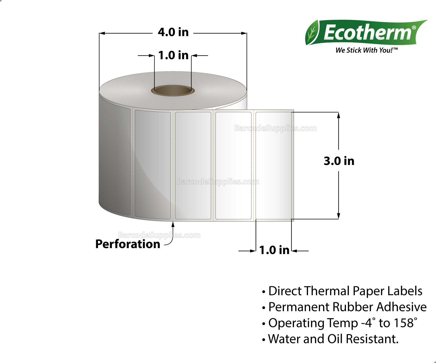 3 x 1 Direct Thermal White Labels With Rubber Adhesive - Perforated - 1310 Labels Per Roll - Carton Of 4 Rolls - 5240 Labels Total - MPN: ECOTHERM14108-4