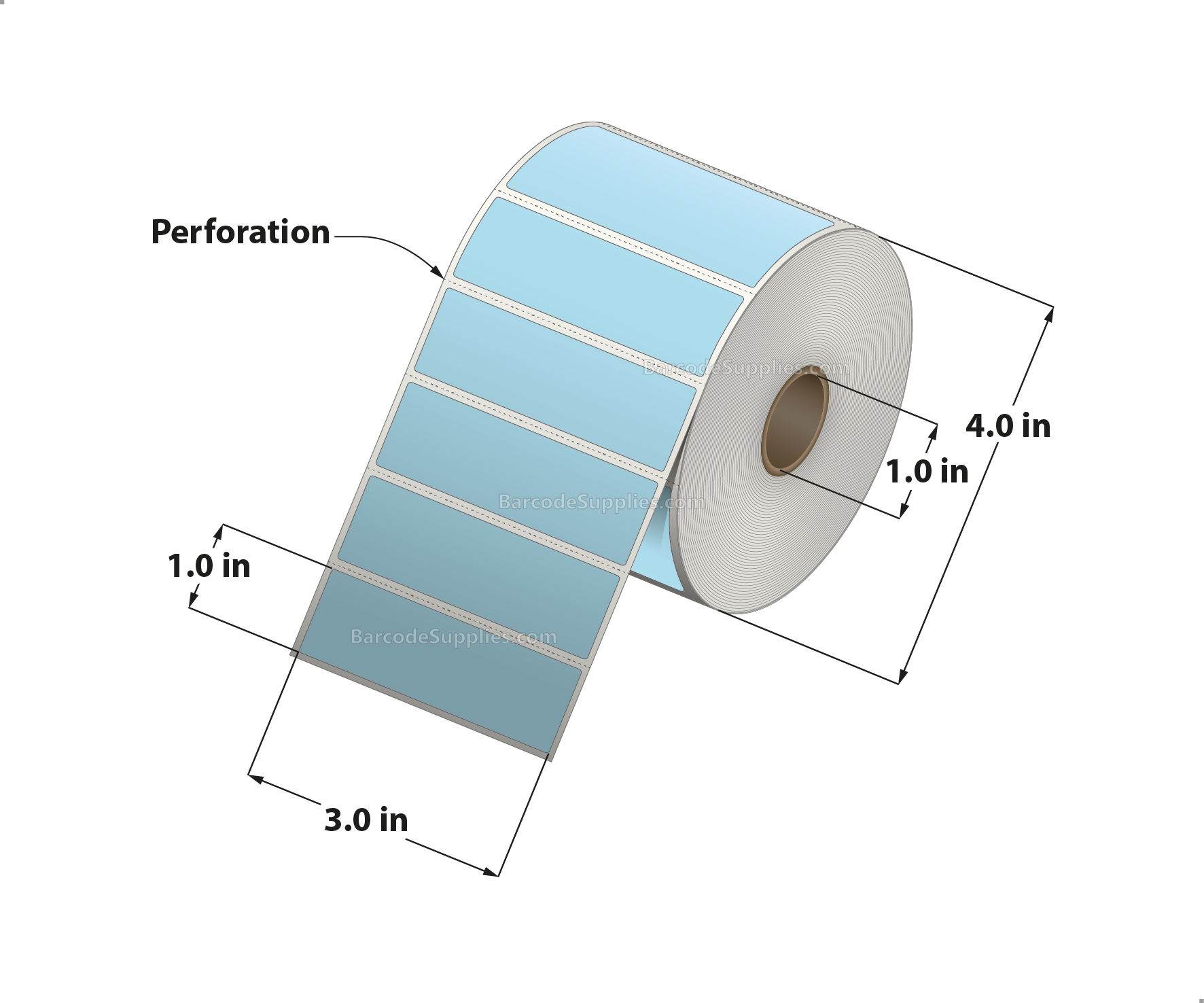 3 x 1 Direct Thermal Blue Labels With Acrylic Adhesive - Perforated - 1375 Labels Per Roll - Carton Of 12 Rolls - 16500 Labels Total - MPN: RD-3-1-1375-BL