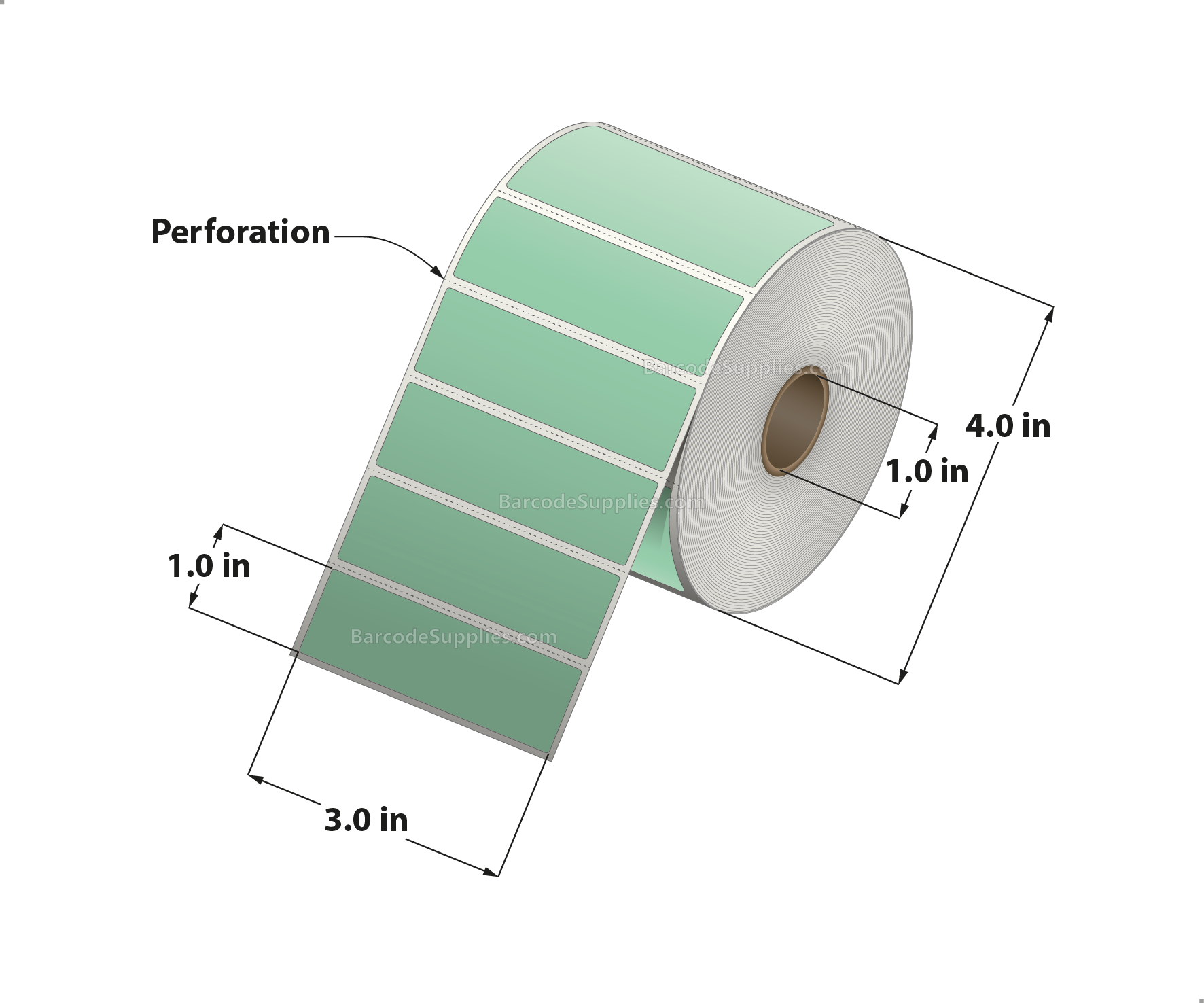 3 x 1 Thermal Transfer 345 Green Labels With Permanent Adhesive - Perforated - 1375 Labels Per Roll - Carton Of 12 Rolls - 16500 Labels Total - MPN: RFC-3-1-1375-GR