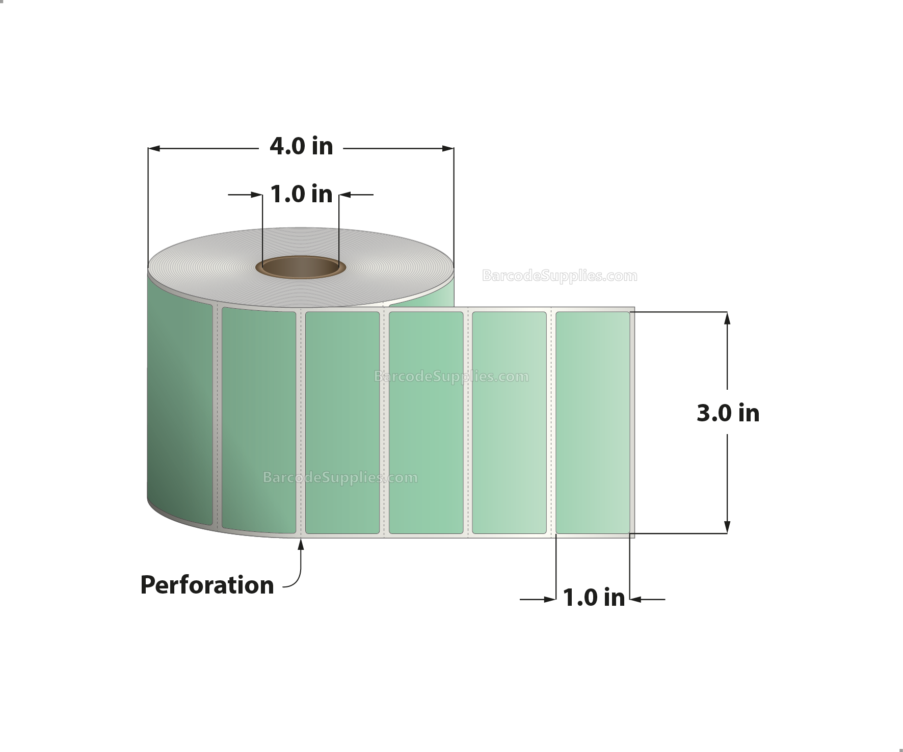 3 x 1 Direct Thermal Green Labels With Acrylic Adhesive - Perforated - 1375 Labels Per Roll - Carton Of 12 Rolls - 16500 Labels Total - MPN: RD-3-1-1375-GR