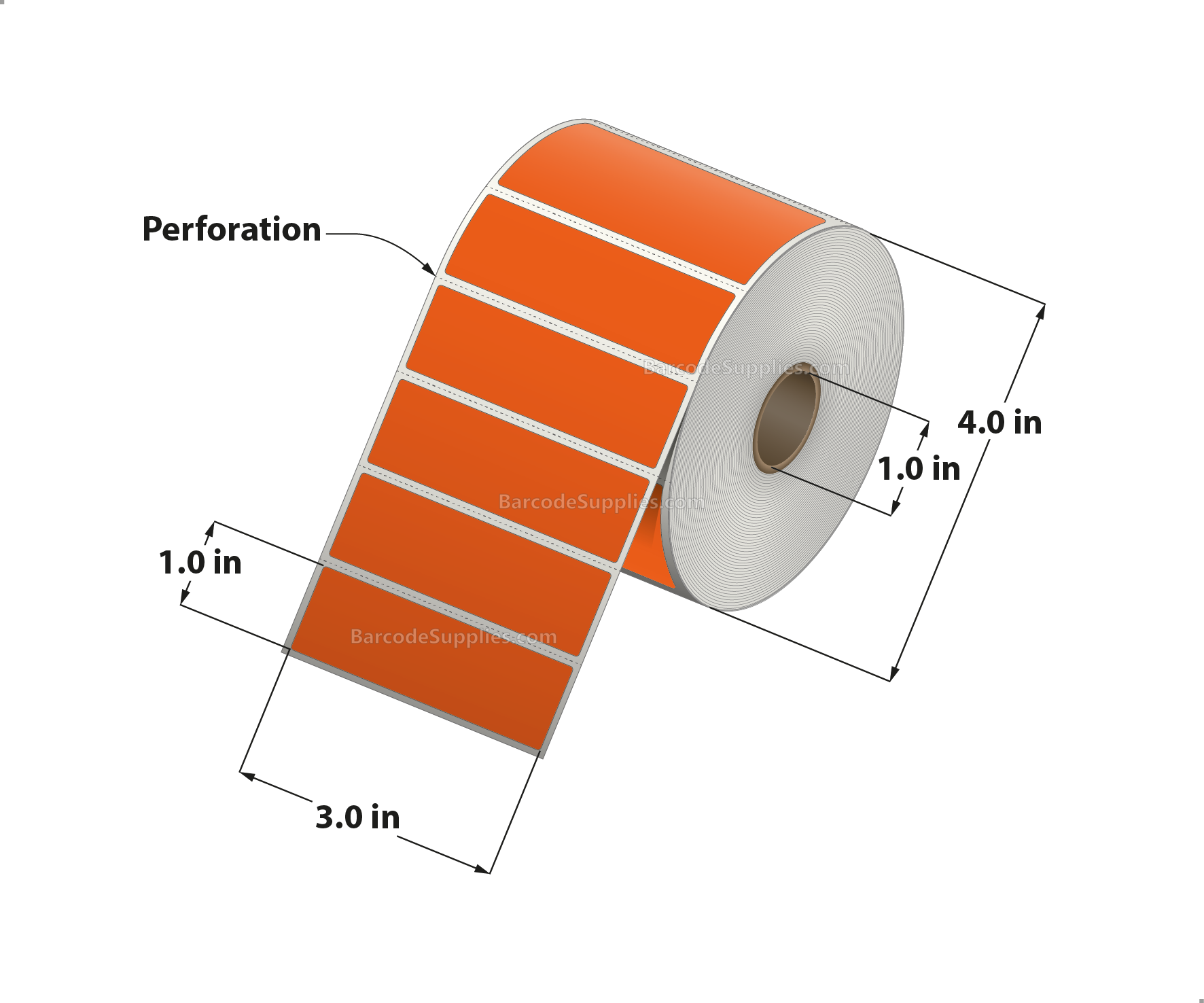 3 x 1 Thermal Transfer 1495 Orange Labels With Permanent Adhesive - Perforated - 1375 Labels Per Roll - Carton Of 12 Rolls - 16500 Labels Total - MPN: RFC-3-1-1375-OR