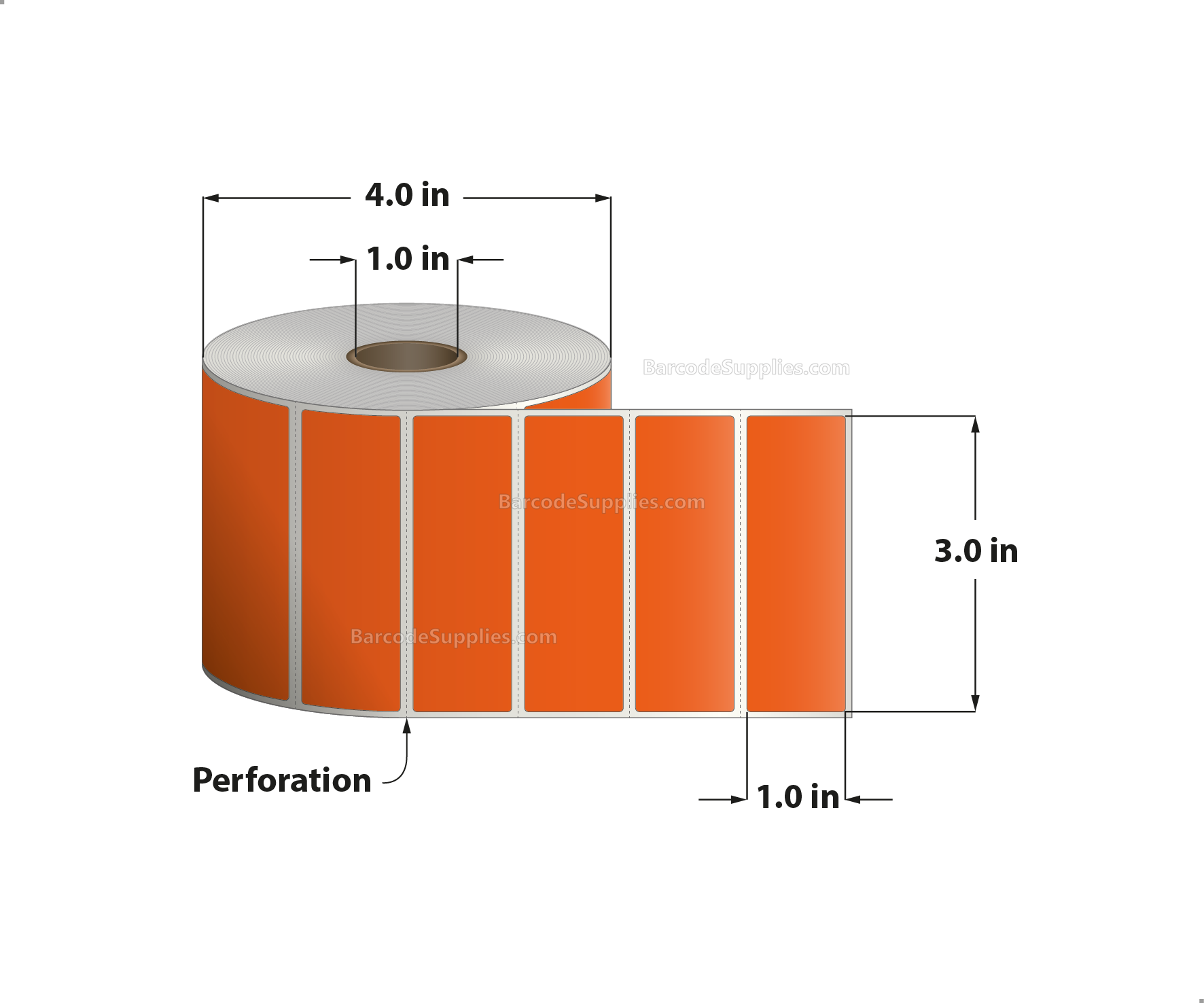 3 x 1 Direct Thermal Orange Labels With Acrylic Adhesive - Perforated - 1375 Labels Per Roll - Carton Of 12 Rolls - 16500 Labels Total - MPN: RD-3-1-1375-OR