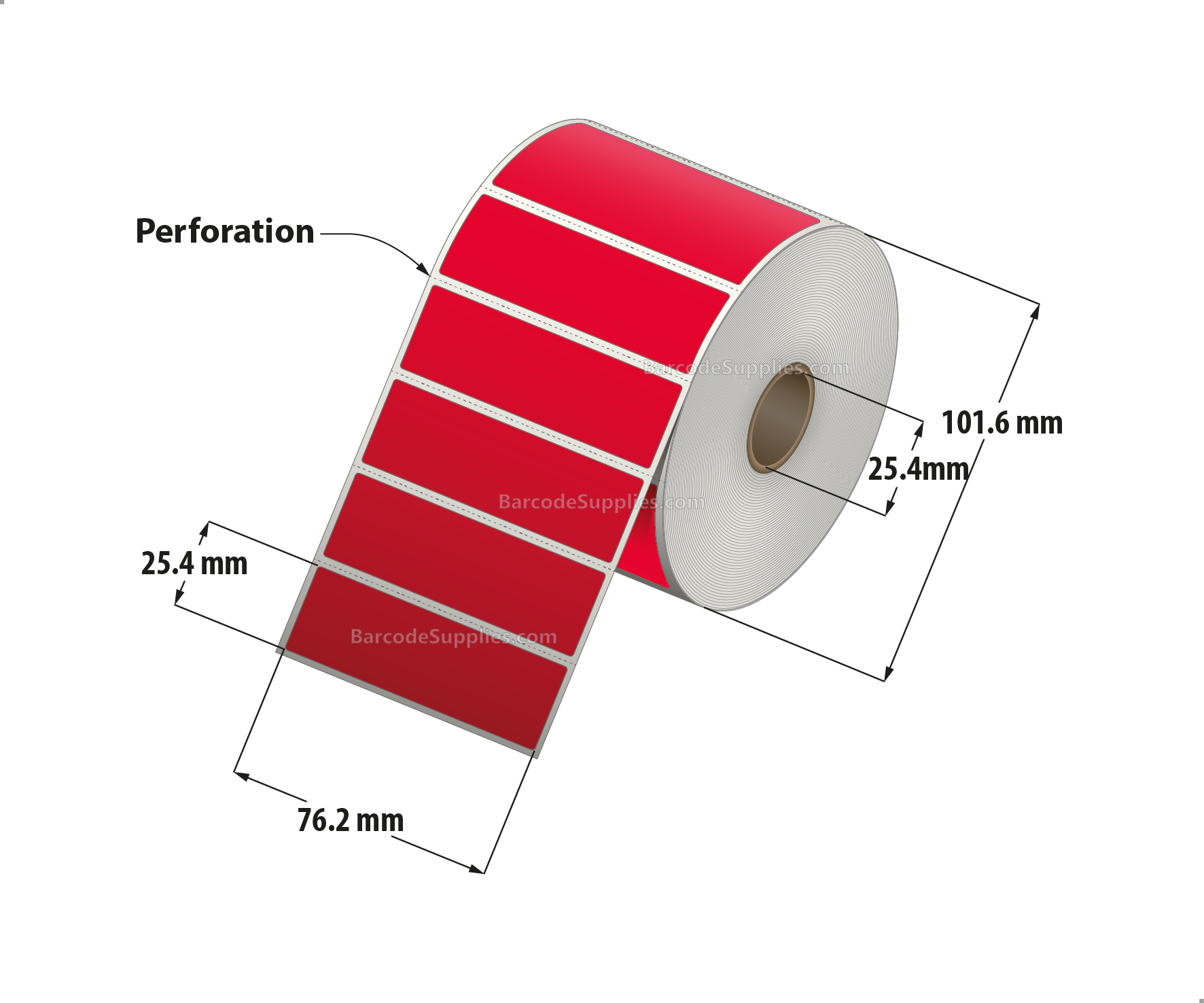 3 x 1 Direct Thermal Red Labels With Acrylic Adhesive - Perforated - 1375 Labels Per Roll - Carton Of 12 Rolls - 16500 Labels Total - MPN: RD-3-1-1375-RD