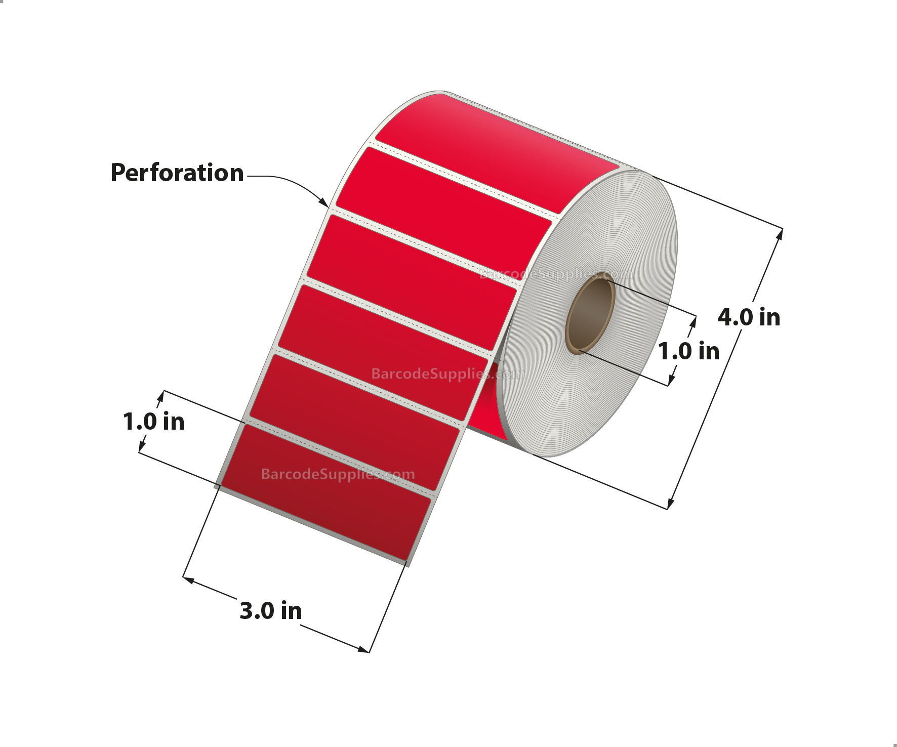 3 x 1 Thermal Transfer 032 Red Labels With Permanent Adhesive - Perforated - 1375 Labels Per Roll - Carton Of 12 Rolls - 16500 Labels Total - MPN: RFC-3-1-1375-RD