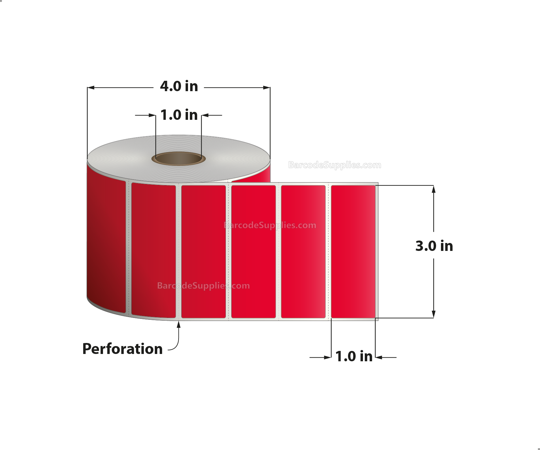 3 x 1 Direct Thermal Red Labels With Acrylic Adhesive - Perforated - 1375 Labels Per Roll - Carton Of 12 Rolls - 16500 Labels Total - MPN: RD-3-1-1375-RD