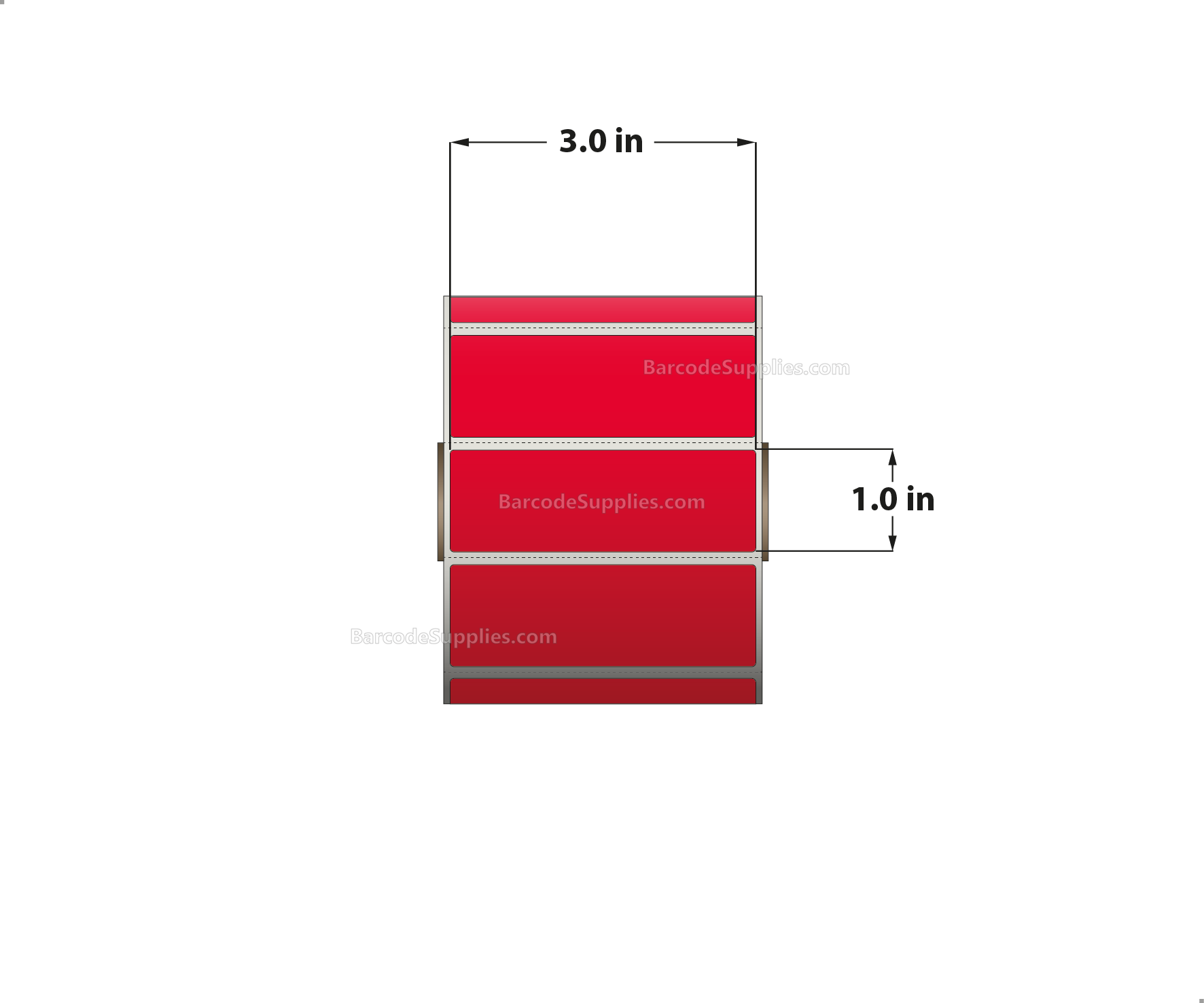 3 x 1 Direct Thermal Red Labels With Acrylic Adhesive - Perforated - 1375 Labels Per Roll - Carton Of 12 Rolls - 16500 Labels Total - MPN: RD-3-1-1375-RD