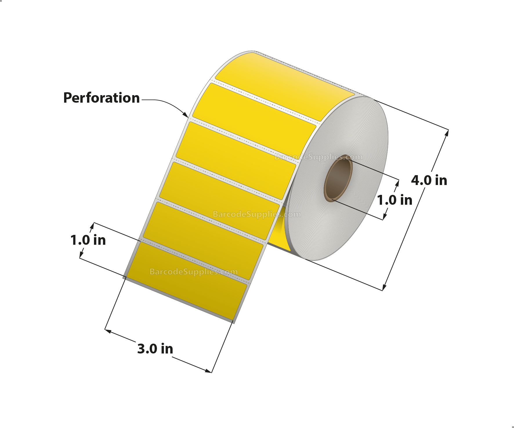 3 x 1 Thermal Transfer Pantone Yellow Labels With Permanent Adhesive - Perforated - 1375 Labels Per Roll - Carton Of 12 Rolls - 16500 Labels Total - MPN: RFC-3-1-1375-YL