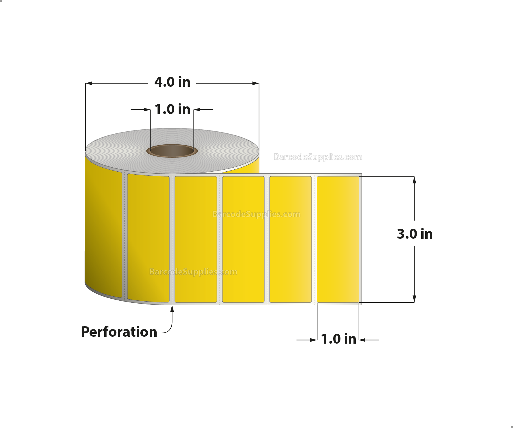 3 x 1 Direct Thermal Yellow Labels With Acrylic Adhesive - Perforated - 1375 Labels Per Roll - Carton Of 12 Rolls - 16500 Labels Total - MPN: RD-3-1-1375-YL