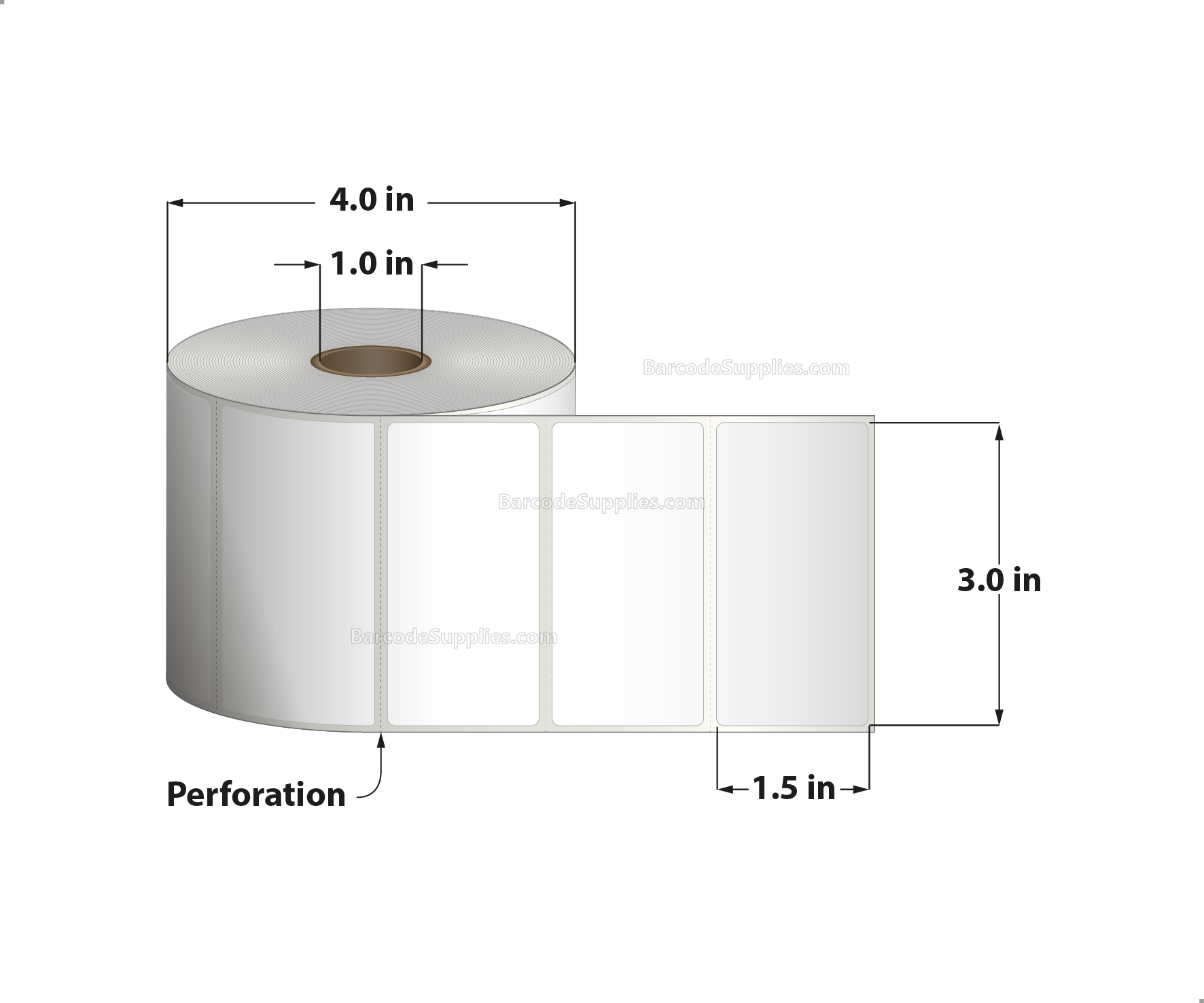 3 x 1.5 Direct Thermal White Labels With Acrylic Adhesive - Perforated - 960 Labels Per Roll - Carton Of 12 Rolls - 11520 Labels Total - MPN: RD-3-15-960-1