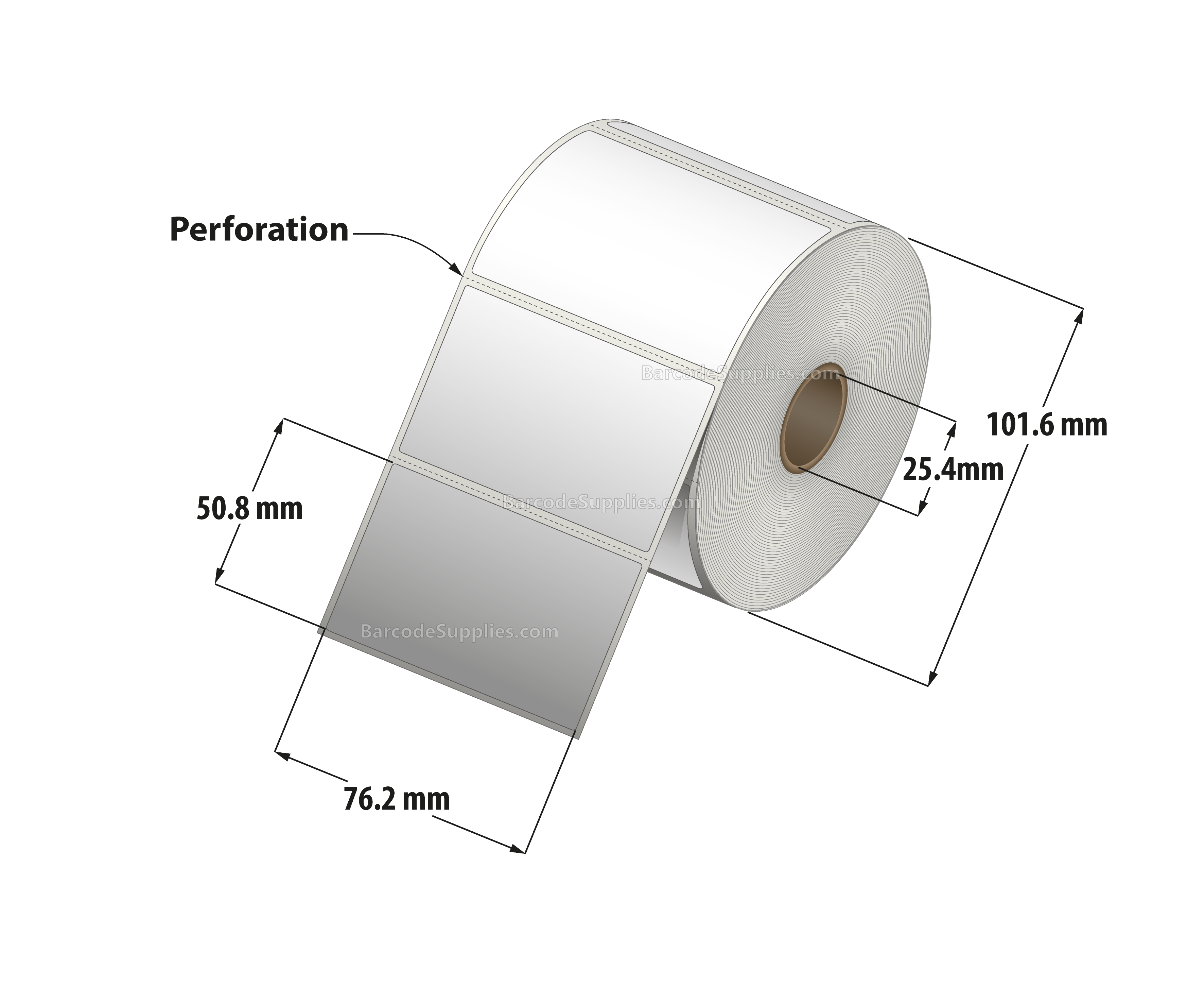 3 x 2 Thermal Transfer White Labels With Permanent Adhesive - Perforated - 735 Labels Per Roll - Carton Of 12 Rolls - 8820 Labels Total - MPN: RT-3-2-735-1 - BarcodeSource, Inc.