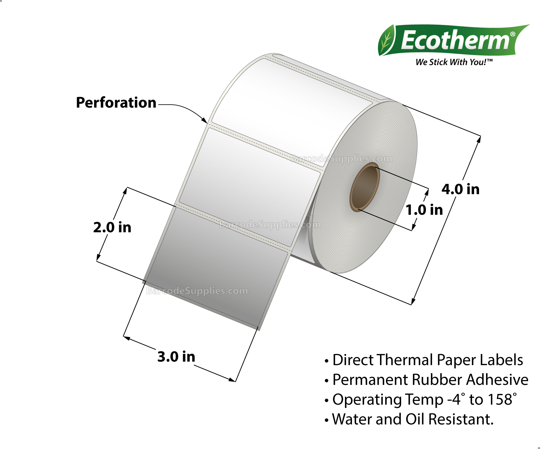 3 x 2 Direct Thermal White Labels With Rubber Adhesive - Perforated - 735 Labels Per Roll - Carton Of 4 Rolls - 2940 Labels Total - MPN: ECOTHERM14109-4