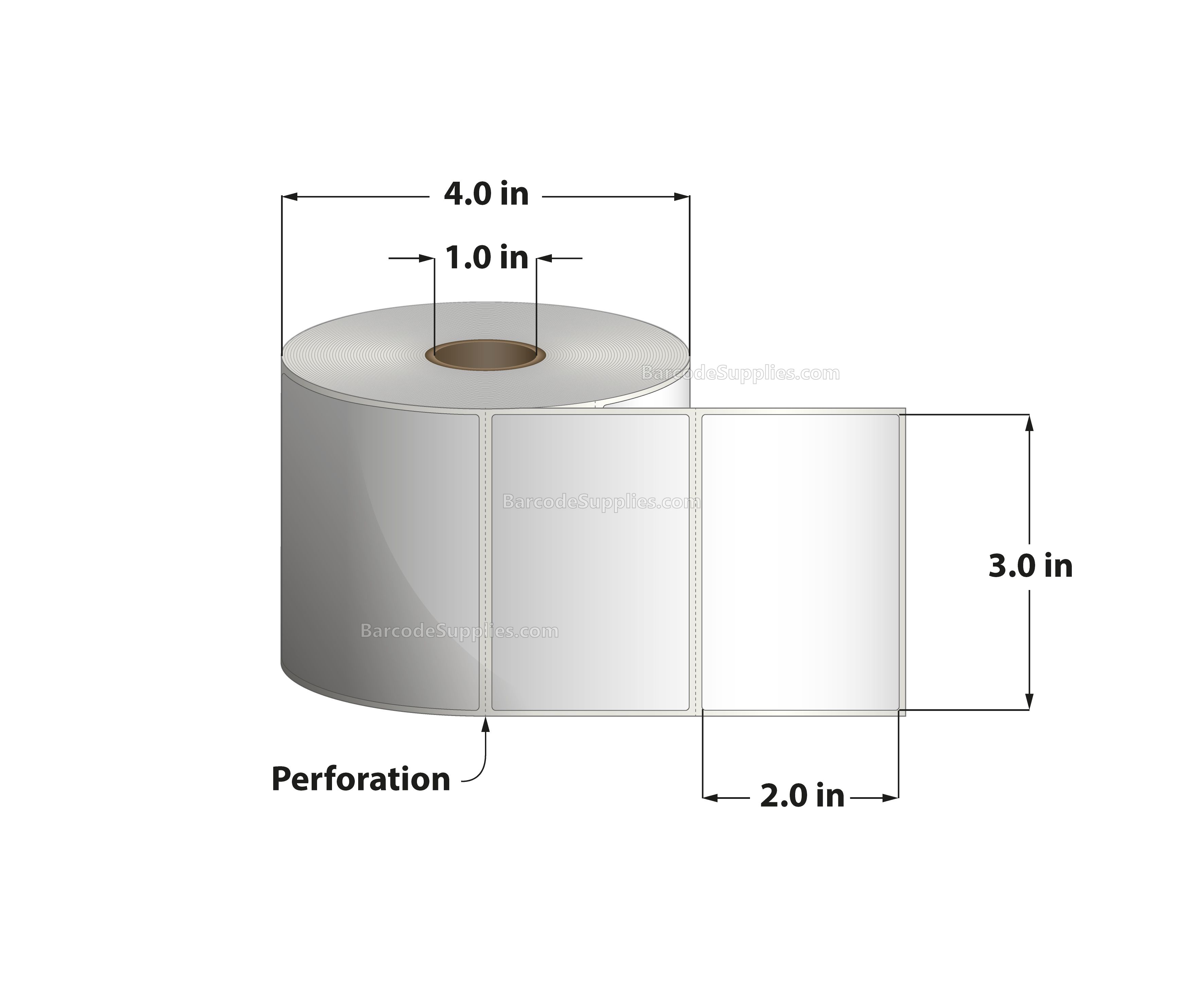 3 x 2 Thermal Transfer White Labels With Permanent Adhesive - Perforated - 735 Labels Per Roll - Carton Of 12 Rolls - 8820 Labels Total - MPN: RT-3-2-735-1 - BarcodeSource, Inc.