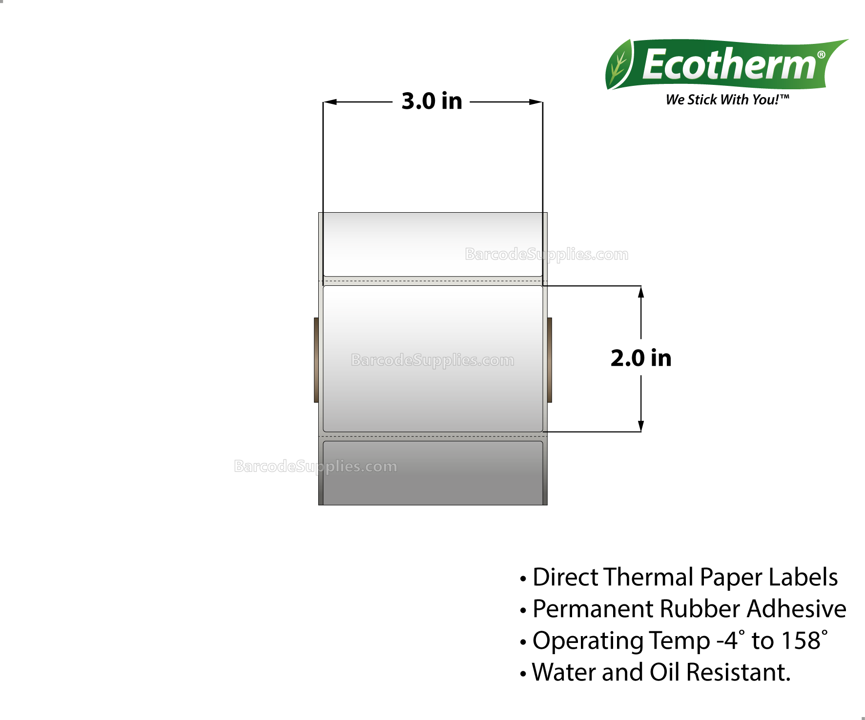 3 x 2 Direct Thermal White Labels With Rubber Adhesive - Perforated - 735 Labels Per Roll - Carton Of 4 Rolls - 2940 Labels Total - MPN: ECOTHERM14109-4