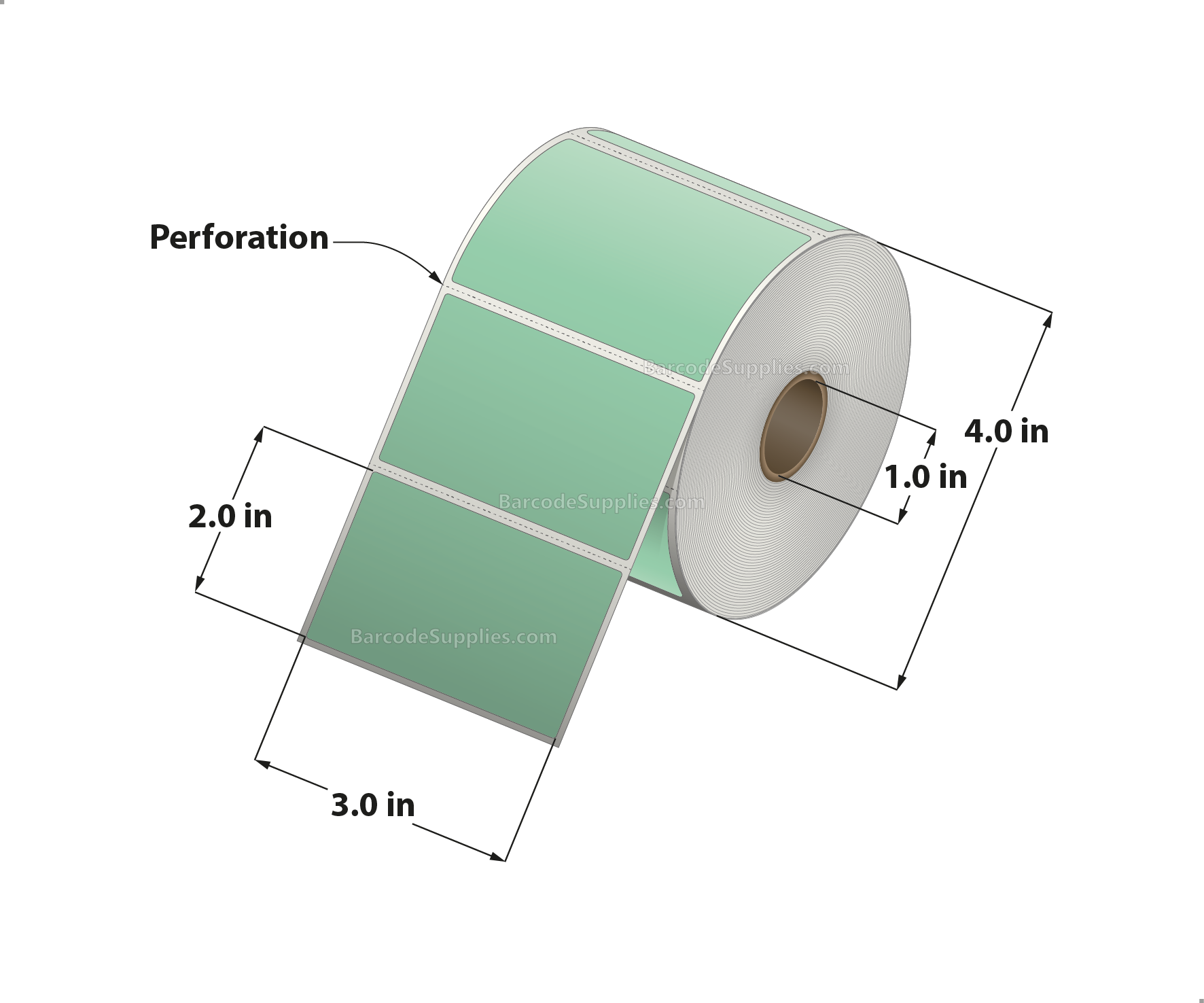 3 x 2 Direct Thermal Green Labels With Acrylic Adhesive - Perforated - 735 Labels Per Roll - Carton Of 12 Rolls - 8820 Labels Total - MPN: RD-3-2-735-GR