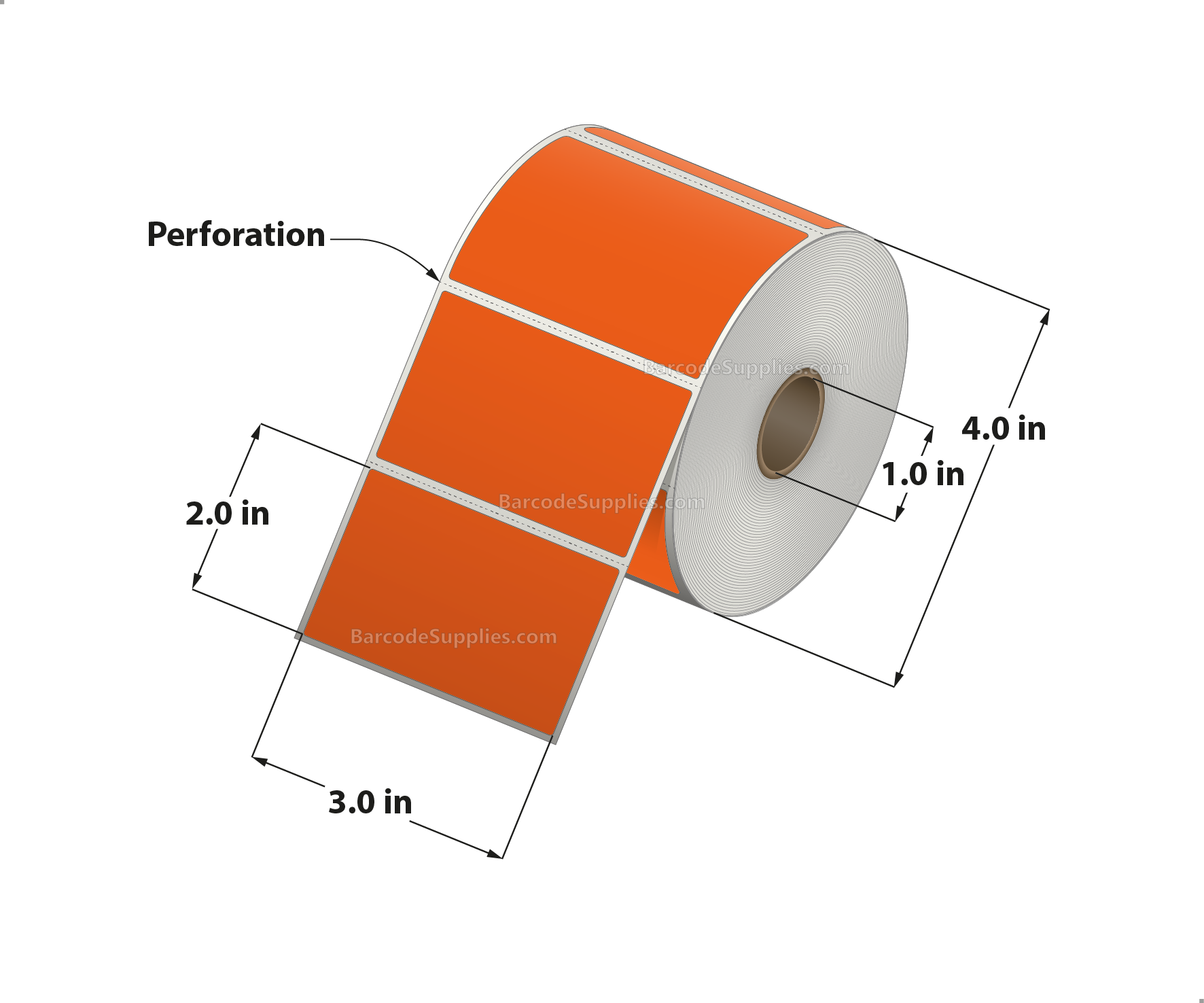 3 x 2 Direct Thermal Orange Labels With Acrylic Adhesive - Perforated - 735 Labels Per Roll - Carton Of 12 Rolls - 8820 Labels Total - MPN: RD-3-2-735-OR