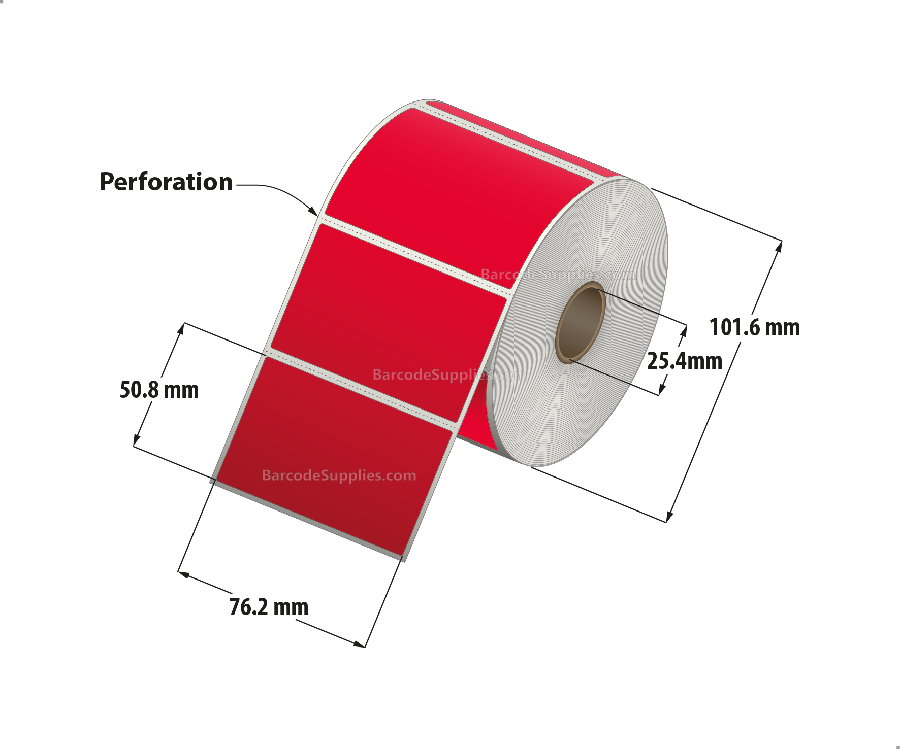 3 x 2 Direct Thermal Red Labels With Acrylic Adhesive - Perforated - 735 Labels Per Roll - Carton Of 12 Rolls - 8820 Labels Total - MPN: RD-3-2-735-RD