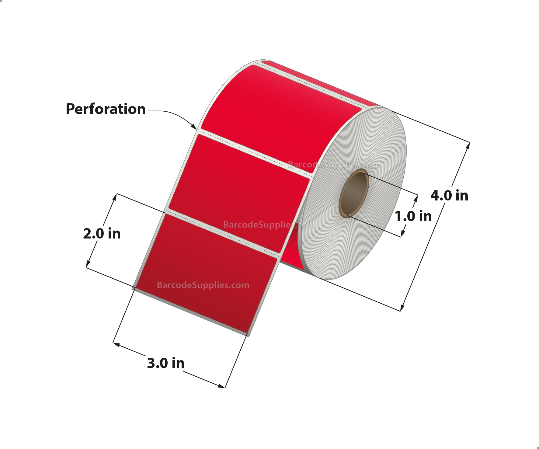 3 x 2 Direct Thermal Red Labels With Acrylic Adhesive - Perforated - 735 Labels Per Roll - Carton Of 12 Rolls - 8820 Labels Total - MPN: RD-3-2-735-RD