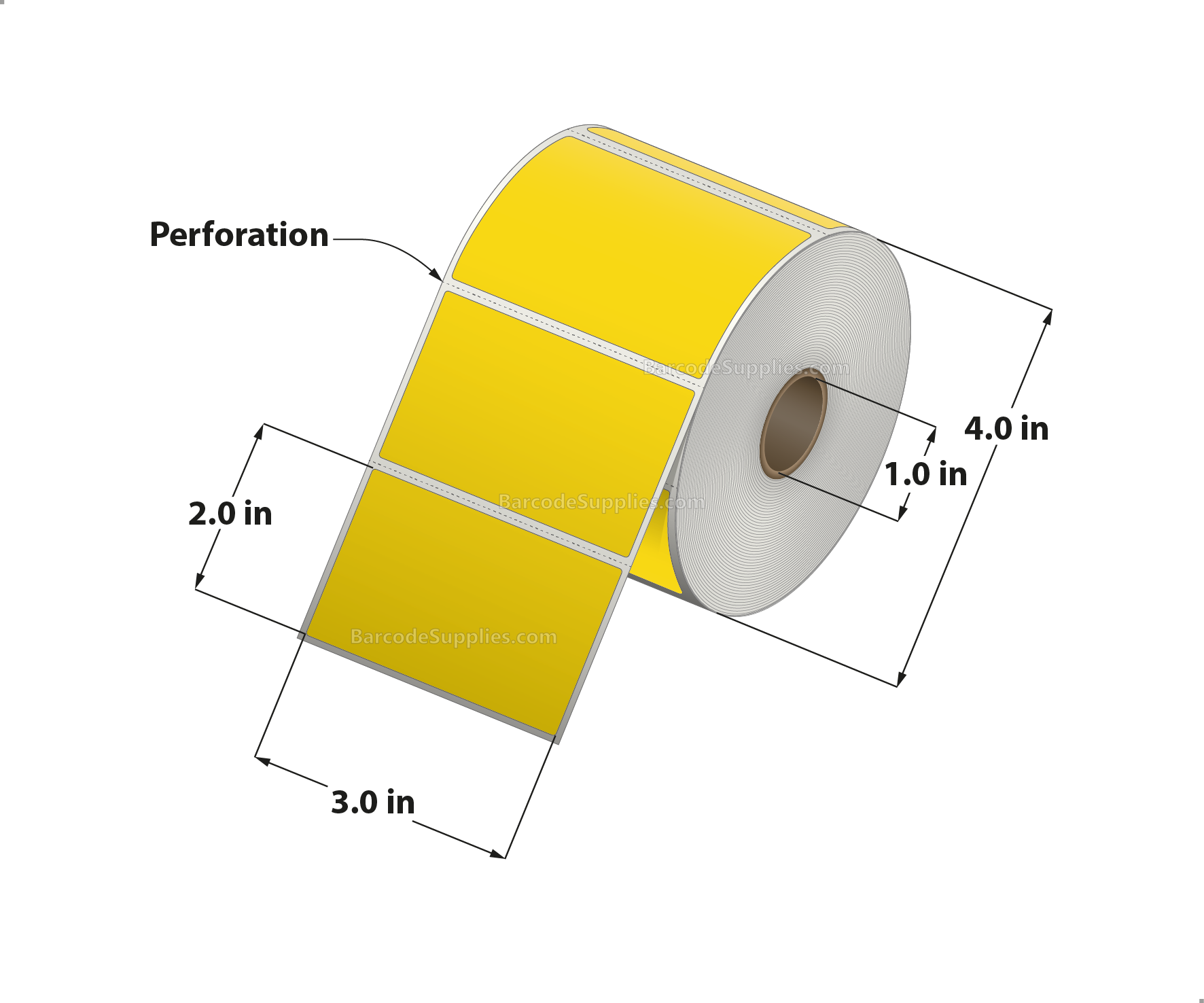 3 x 2 Direct Thermal Yellow Labels With Acrylic Adhesive - Perforated - 735 Labels Per Roll - Carton Of 12 Rolls - 8820 Labels Total - MPN: RD-3-2-735-YL