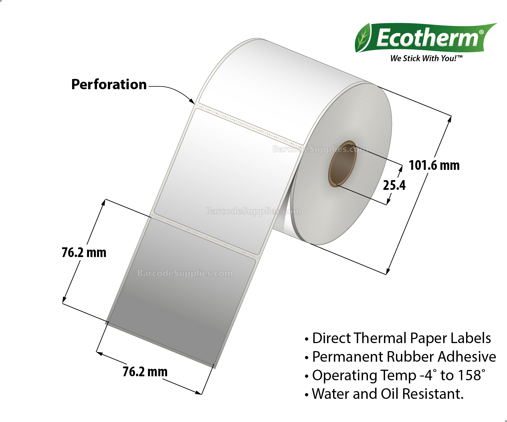 3 x 3 Direct Thermal White Labels With Rubber Adhesive - Perforated - 525 Labels Per Roll - Carton Of 4 Rolls - 2100 Labels Total - MPN: ECOTHERM14123-4